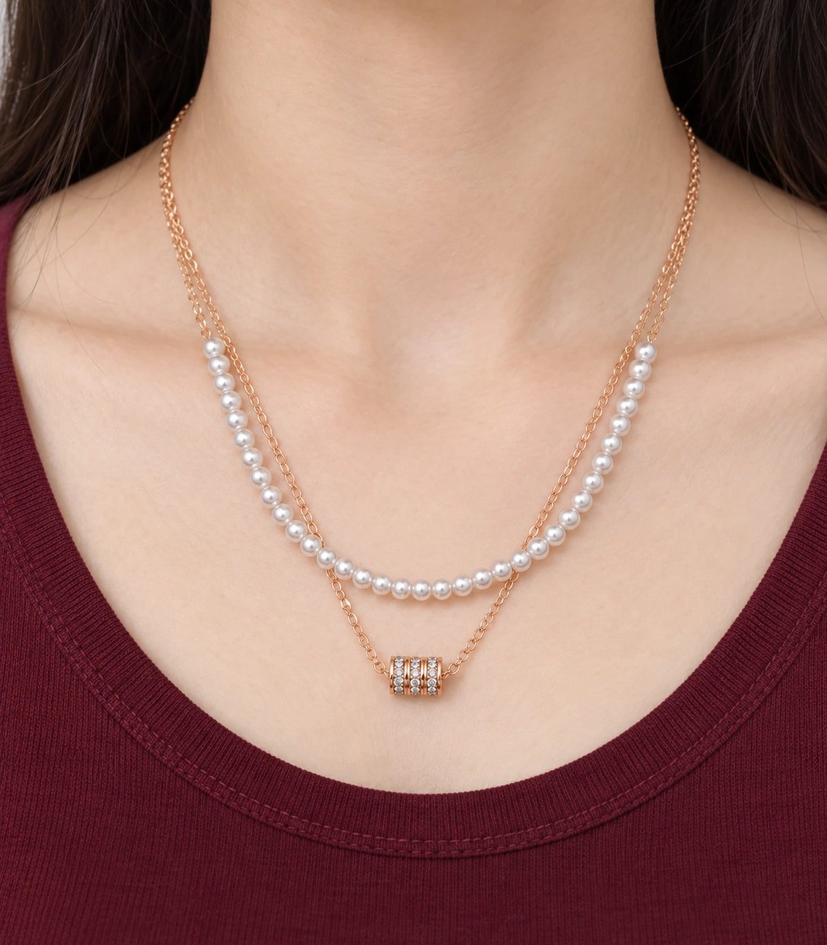 JIMIKI Rose-Gold Pearl and Crystal-Barrel Layered Necklace in Rose Gold - close-up details #color_rose-gold