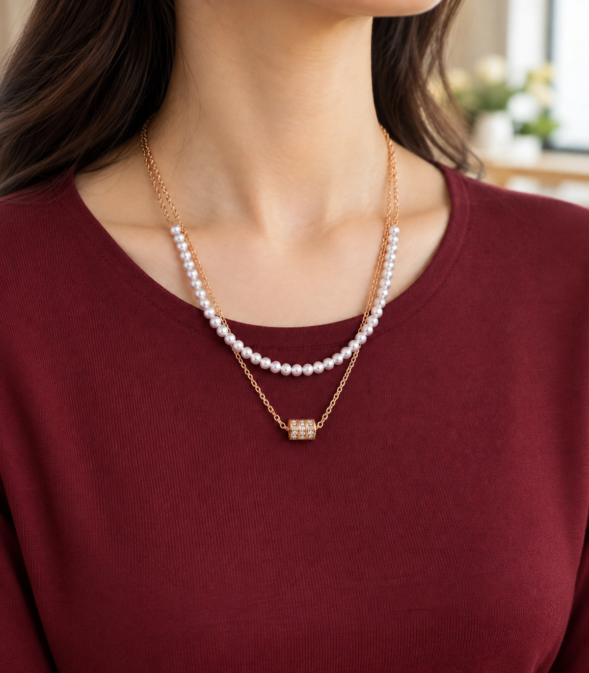 JIMIKI Rose-Gold Pearl and Crystal-Barrel Layered Necklace in Rose Gold - editorial worn view #color_rose-gold