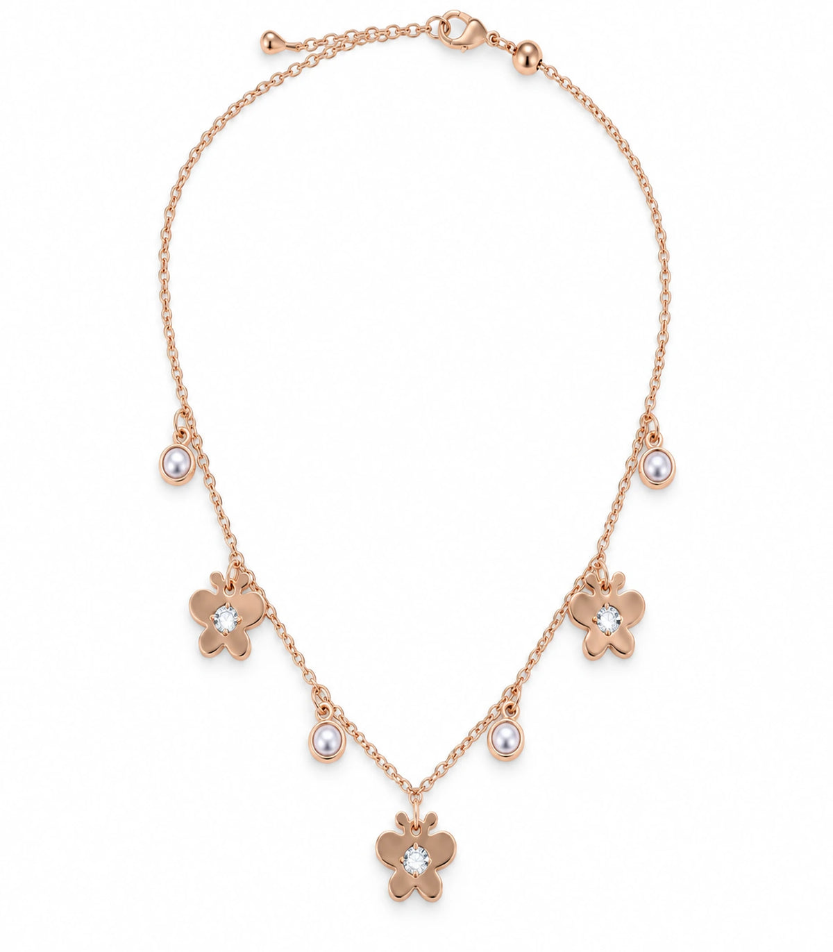 JIMIKI Rose Gold Pearl Effect Butterfly Charm Necklace - complete butterfly and pearl-effect necklace on white background #color_rose-gold