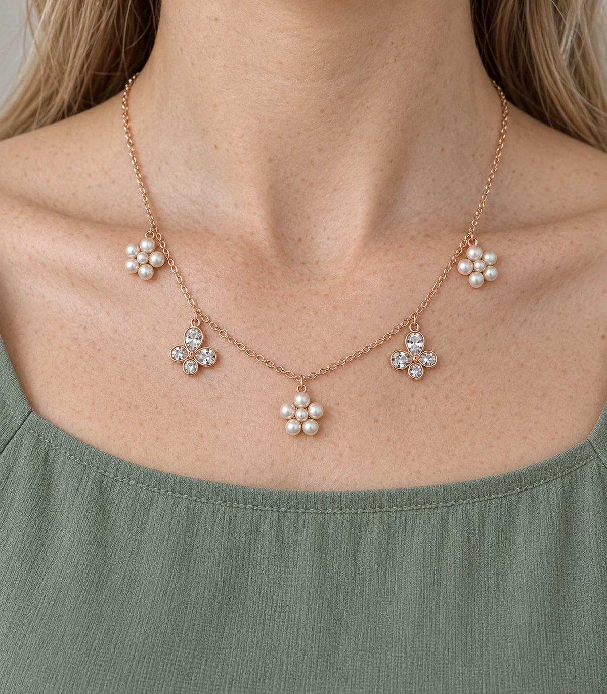 JIMIKI Rose Gold Pearl Flower Crystal Butterfly Necklace in Rose Gold - worn styling view #color_rose-gold