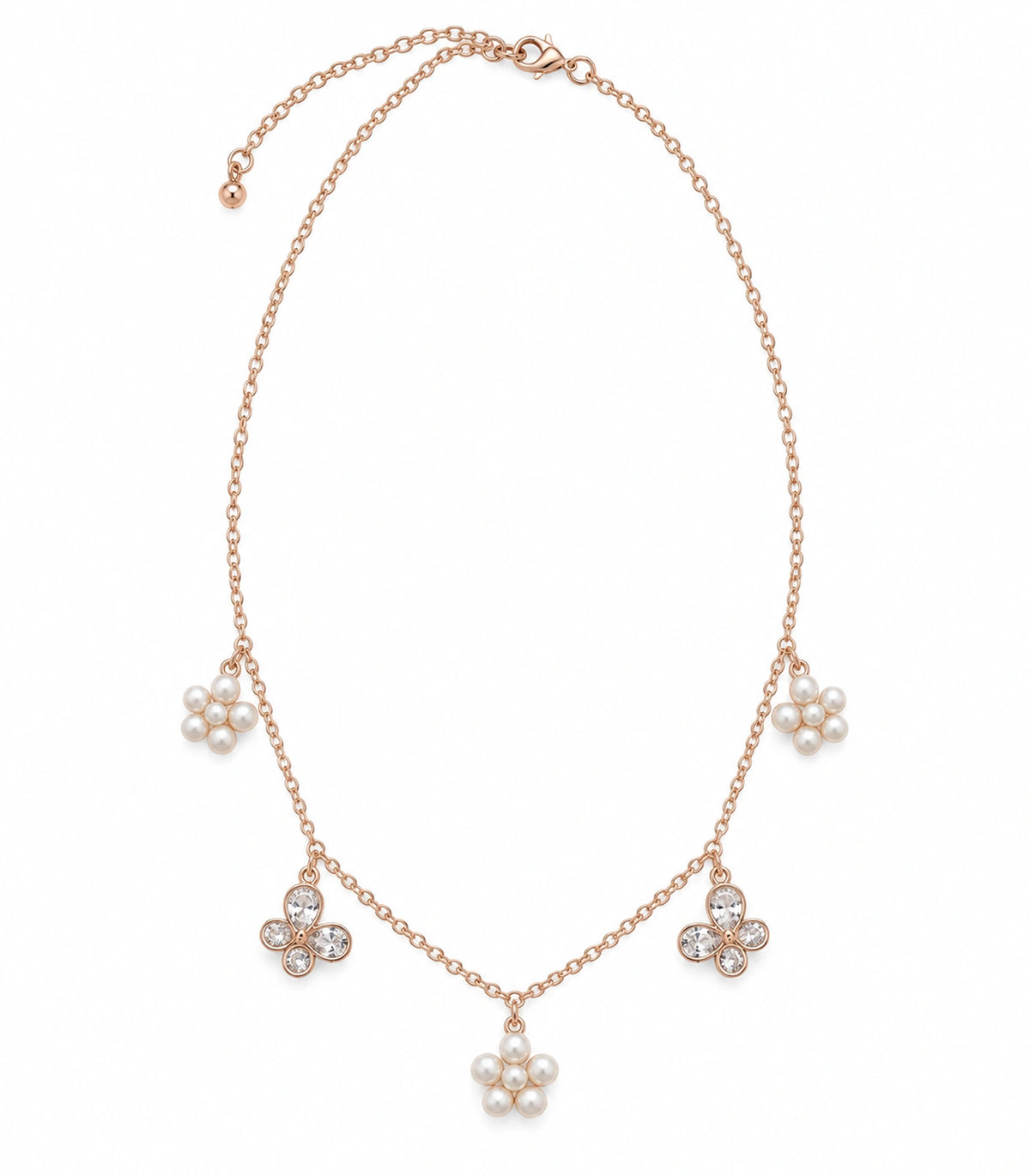 JIMIKI Rose Gold Pearl Flower Crystal Butterfly Necklace in Rose Gold - necklace on white #color_rose-gold