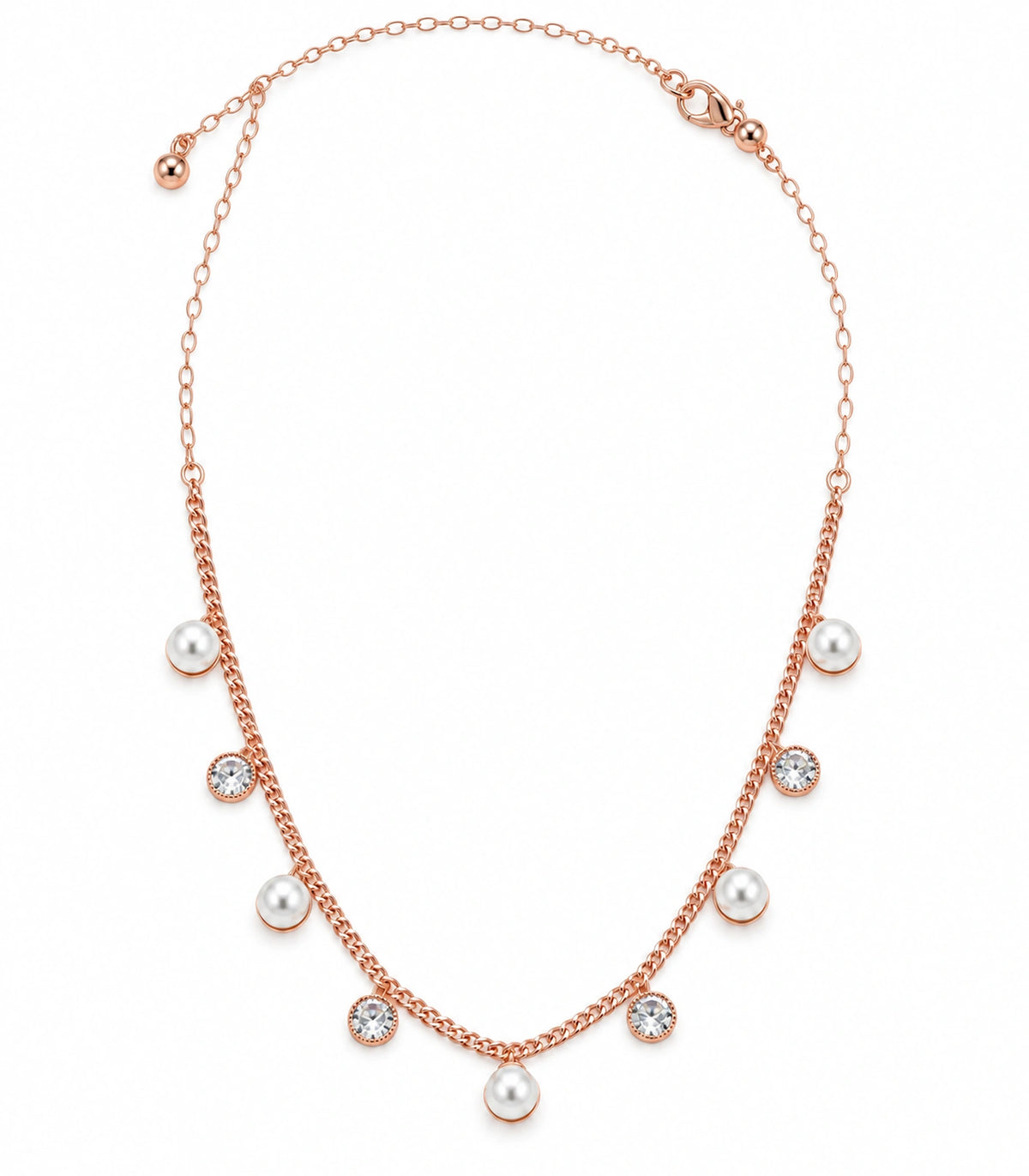 JIMIKI Rose Gold Pearl Round Crystal Charm Necklace in Rose Gold - necklace on white #color_rose-gold