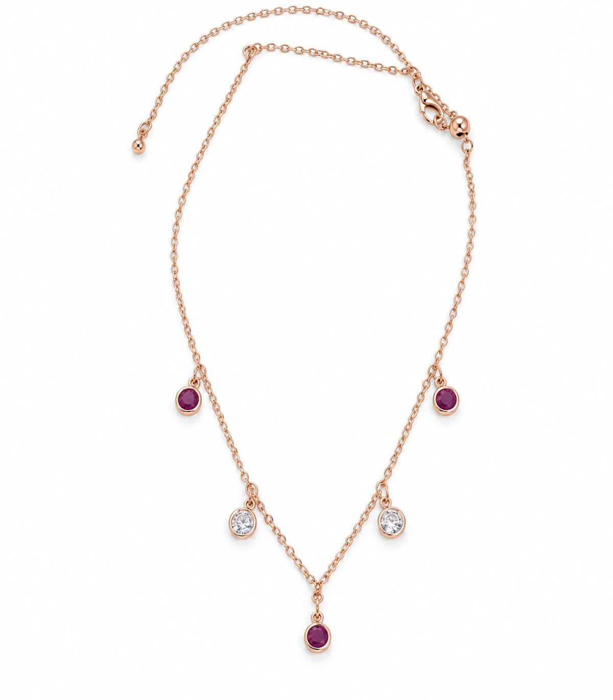 JIMIKI Purple and Clear Five-Stone Station Necklace in rose-gold tone, complete necklace on white showing three purple and two clear drops #color_purple & clear