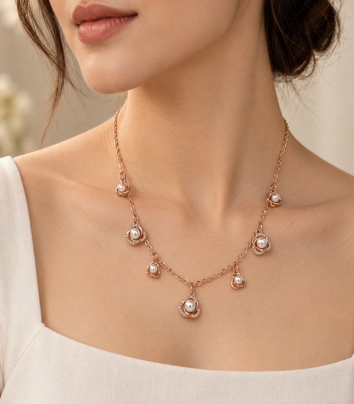 JIMIKI Rose Gold pearly rose charm necklace, worn in warm light with a cream neckline #color_rose gold