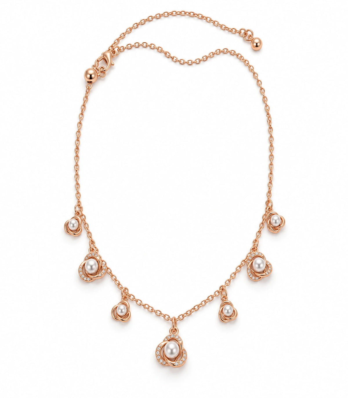 JIMIKI Rose Gold pearly rose charm necklace, complete seven-charm necklace on white #color_rose gold