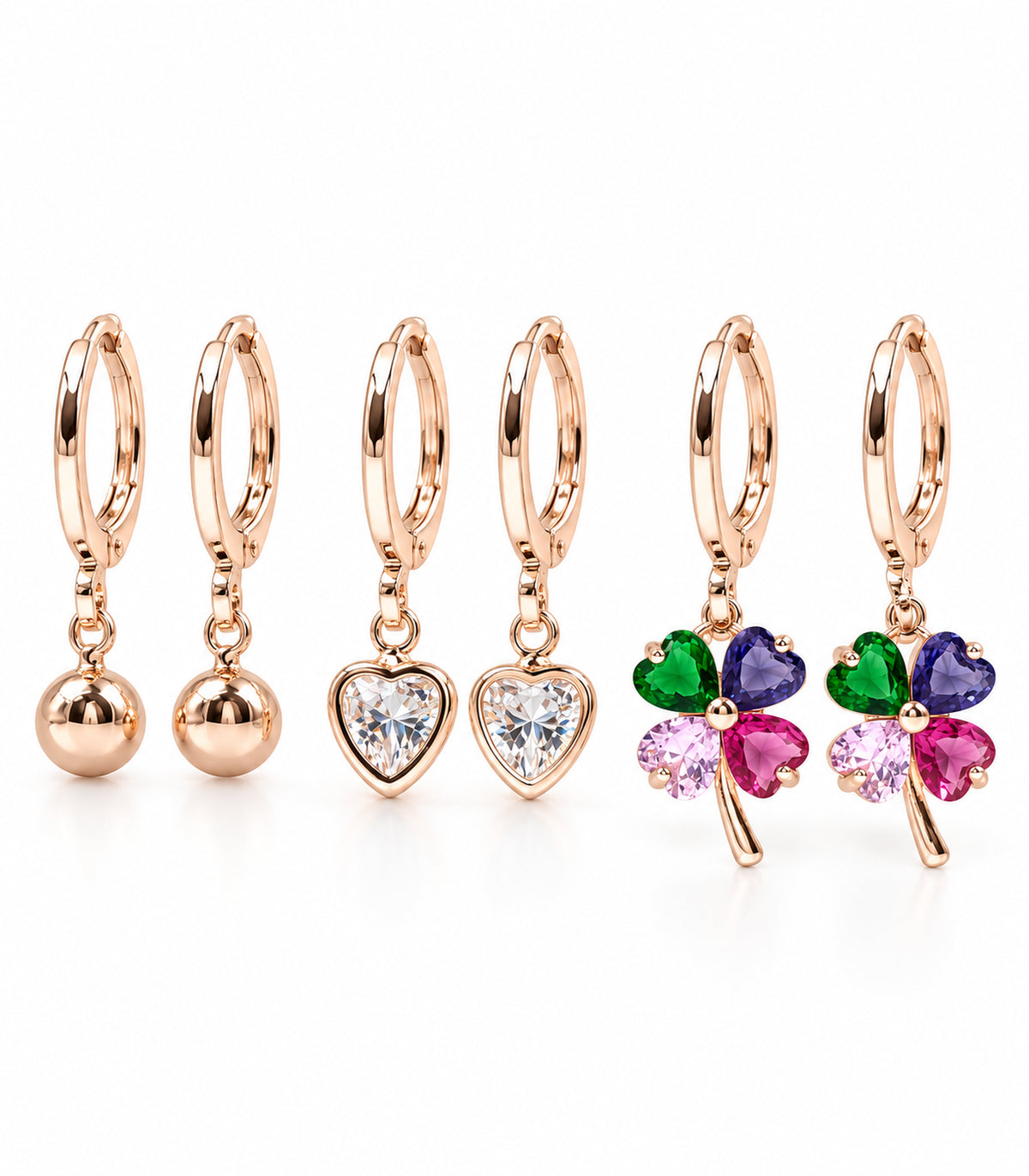 Complete rose gold tone set of three hoop earring pairs: ball, clear heart and multicolour clover charms #Color_Rose Gold Tone