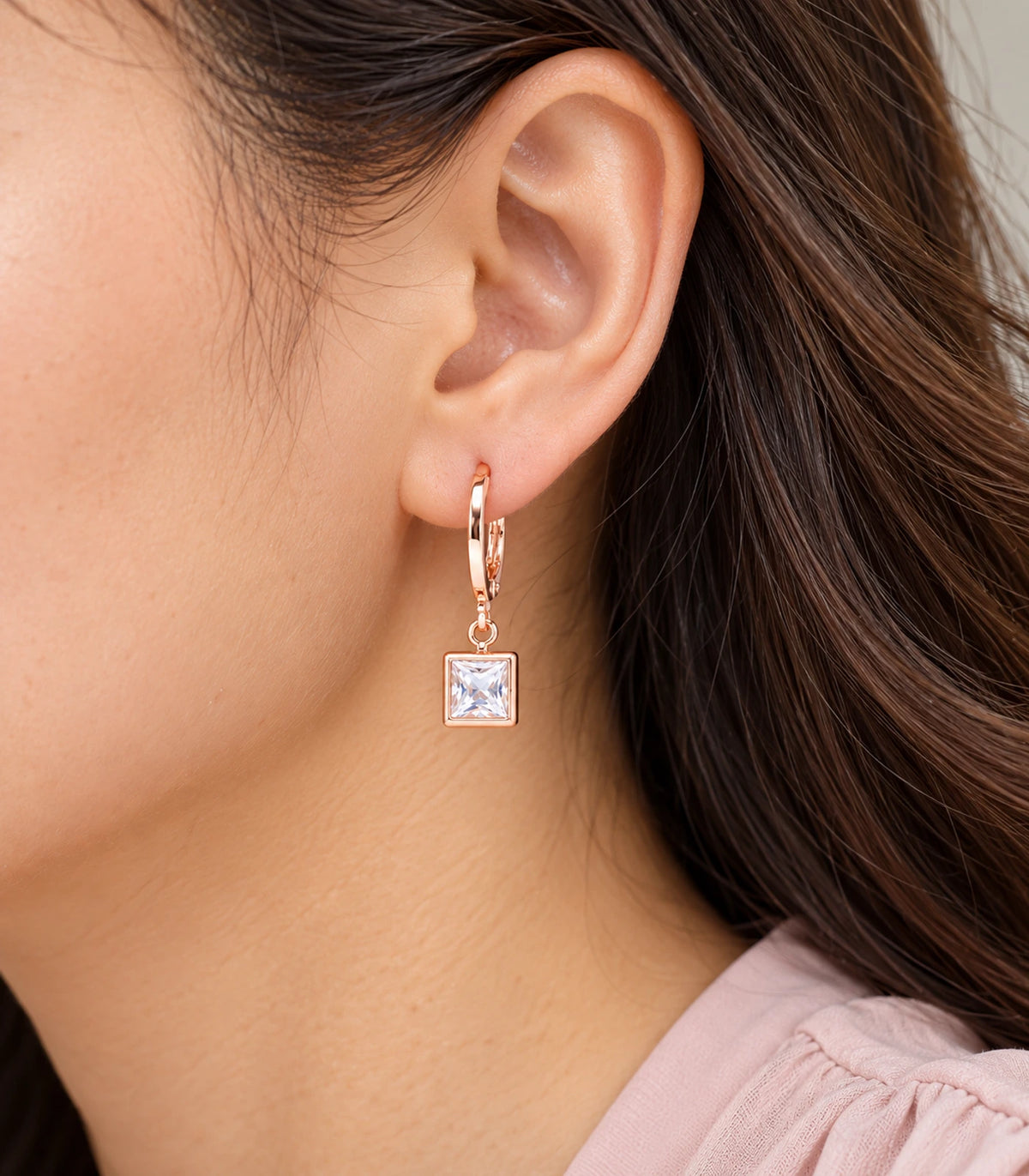 Rose Gold Tone Three-Pair Geometric Crystal Hoop Earring Set — closeup showing one design from the set