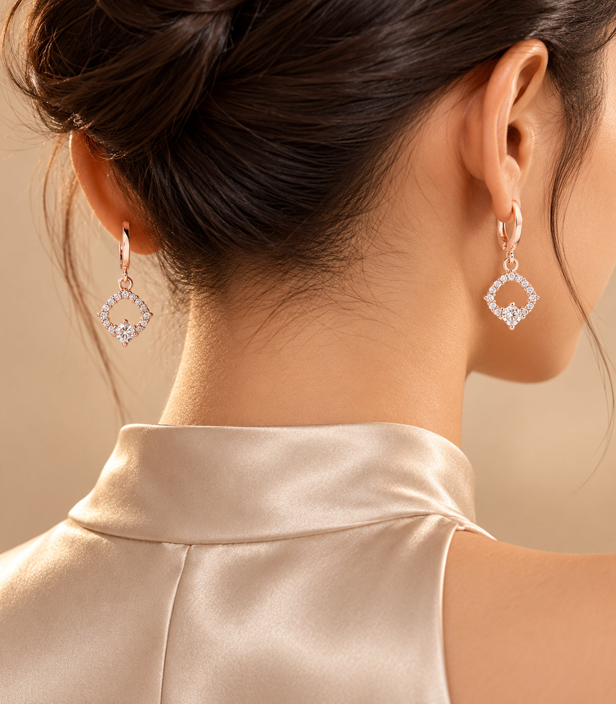 Rose Gold Tone Three-Pair Geometric Crystal Hoop Earring Set — editorial-model showing one design from the set