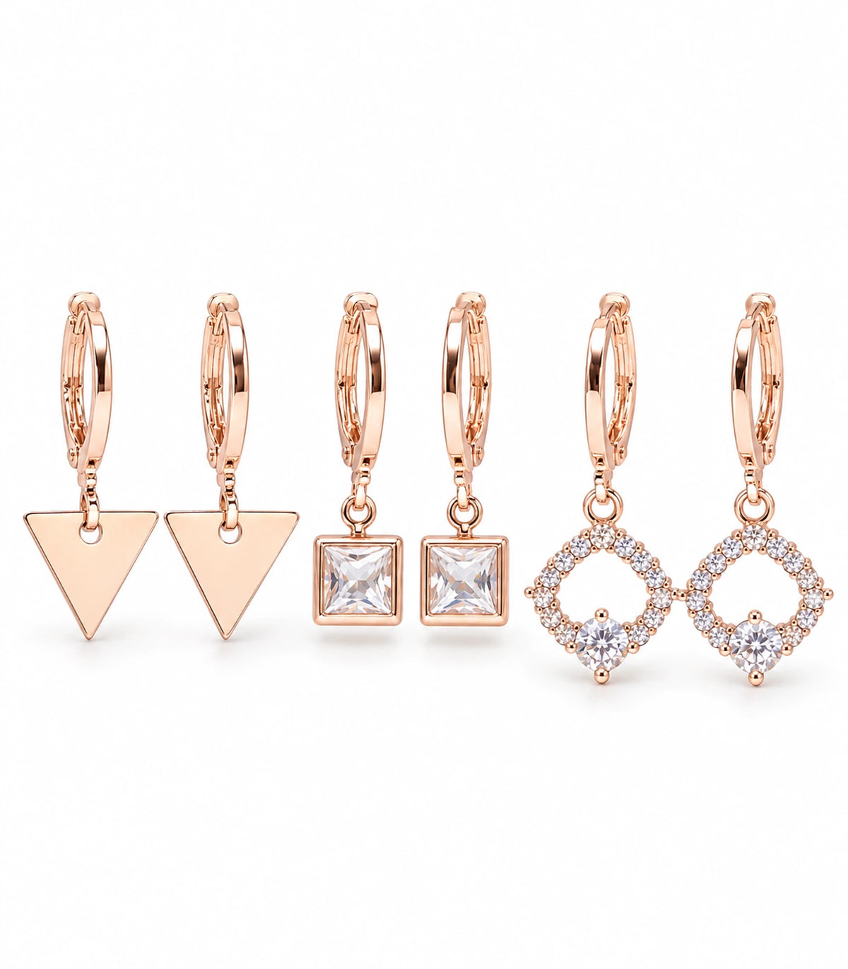 Rose Gold Tone Three-Pair Geometric Crystal Hoop Earring Set — complete six-earring set