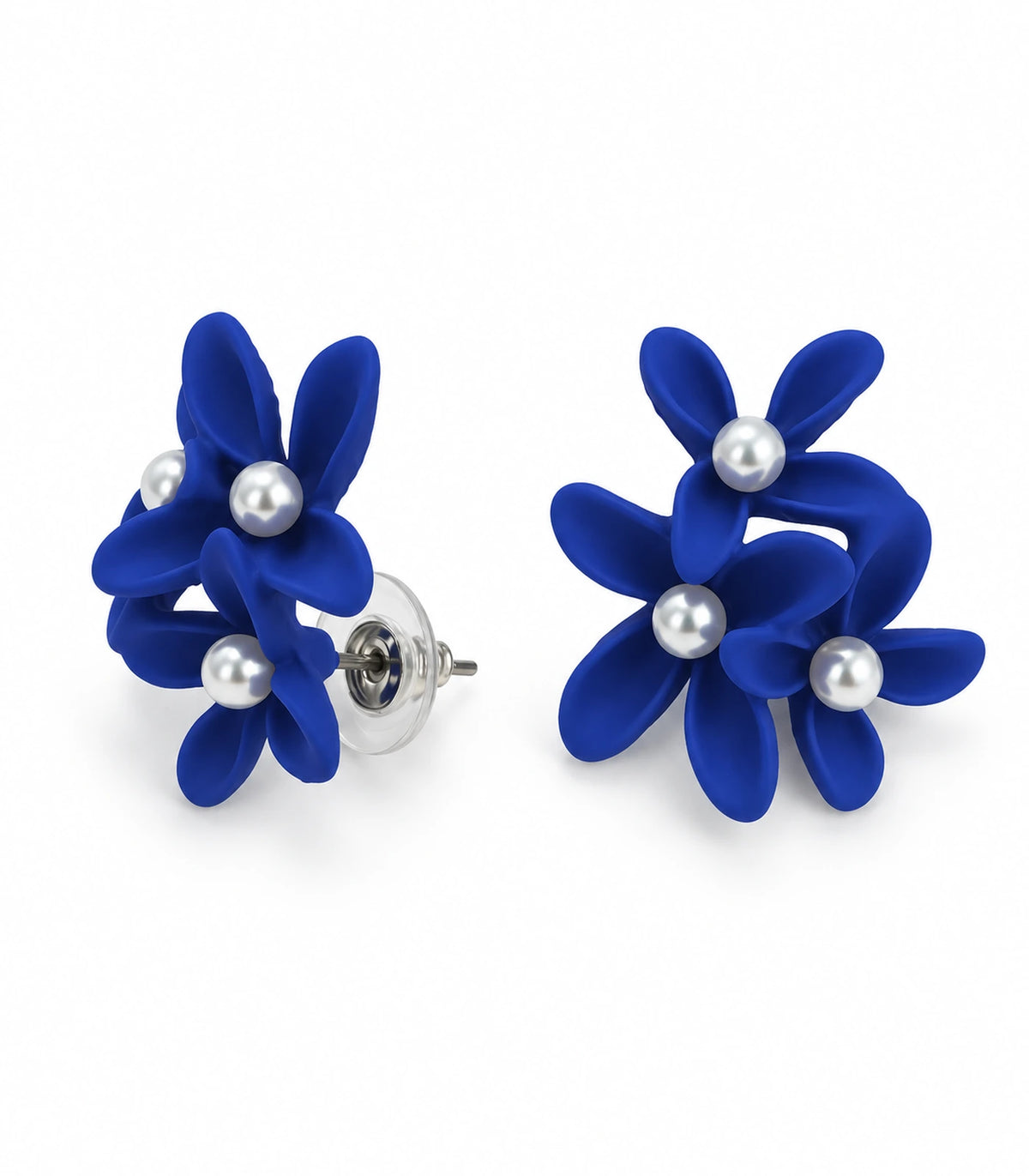 JIMIKI Royal Blue cascading floral cluster stud earrings, matching pair on a white background #color_royal blue