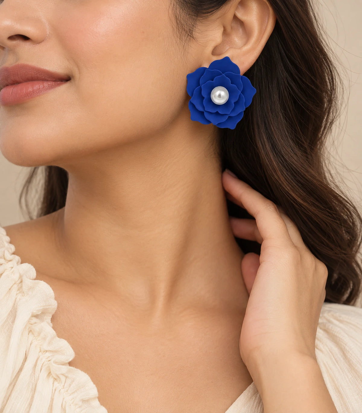 JIMIKI Layered Flower Pearl Stud Earrings, Royal Blue — worn on the ear #color_royal blue