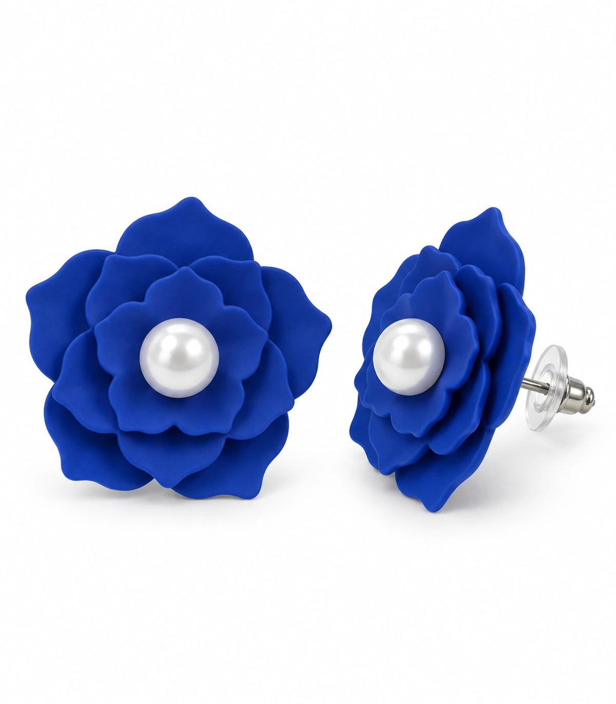 JIMIKI Layered Flower Pearl Stud Earrings, Royal Blue — pair on white background #color_royal blue