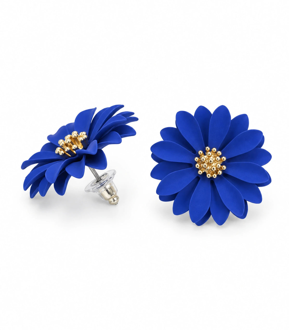 JIMIKI Royal Blue layered starburst daisy stud earrings, matching pair on white background #color_royal blue