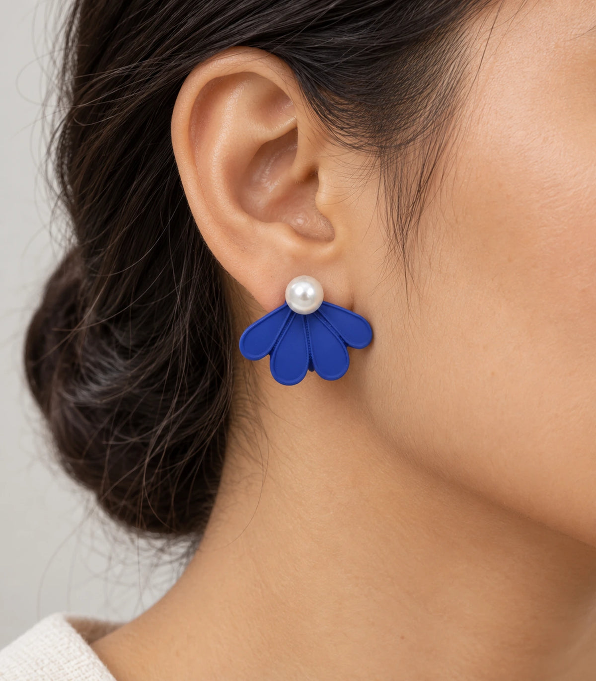JIMIKI Royal Blue pearl fan petal stud earrings, naturally worn on the ear #color_royal blue