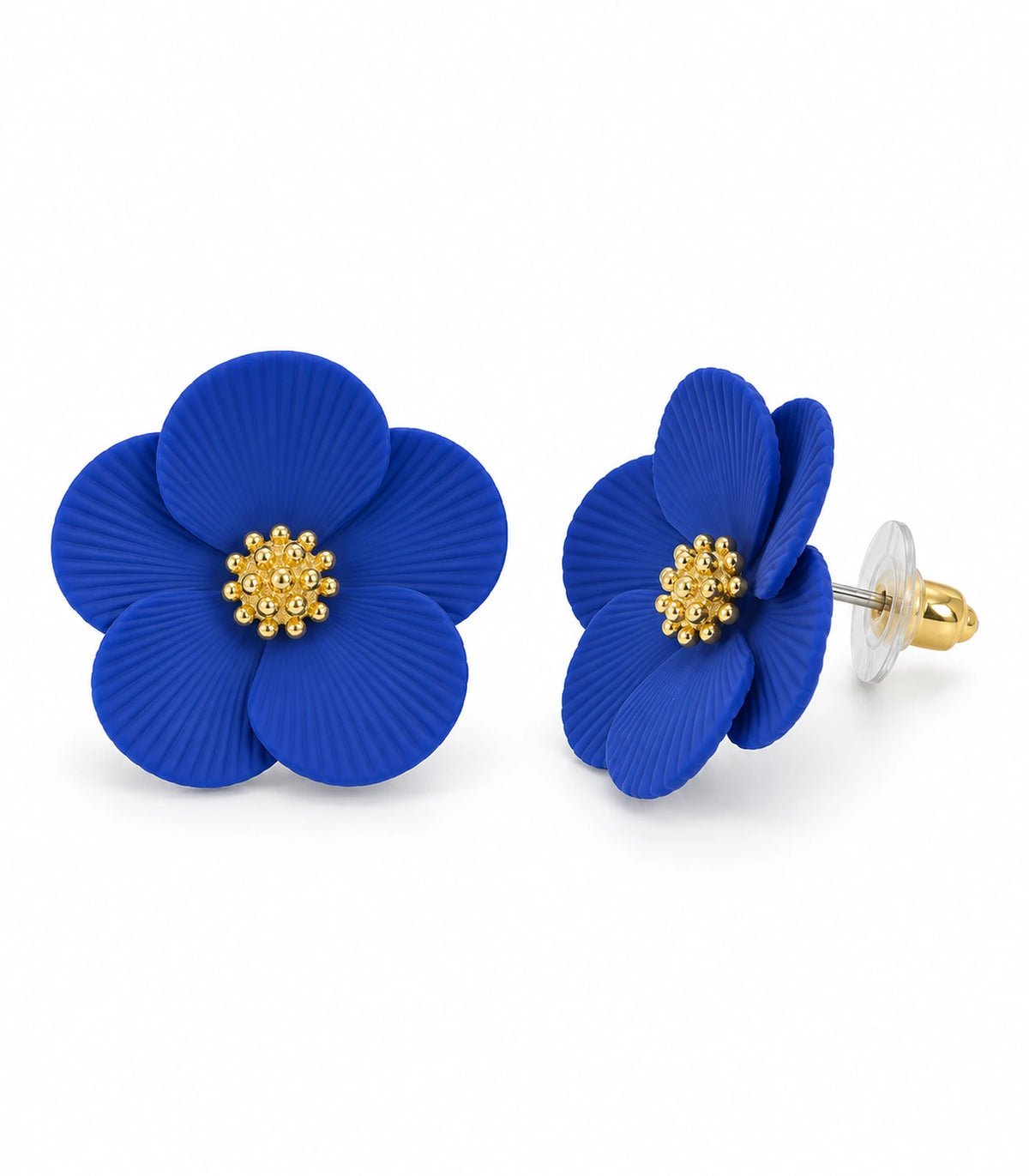 JIMIKI Royal Blue ribbed flower stud earrings, pair on a white background #color_royal blue