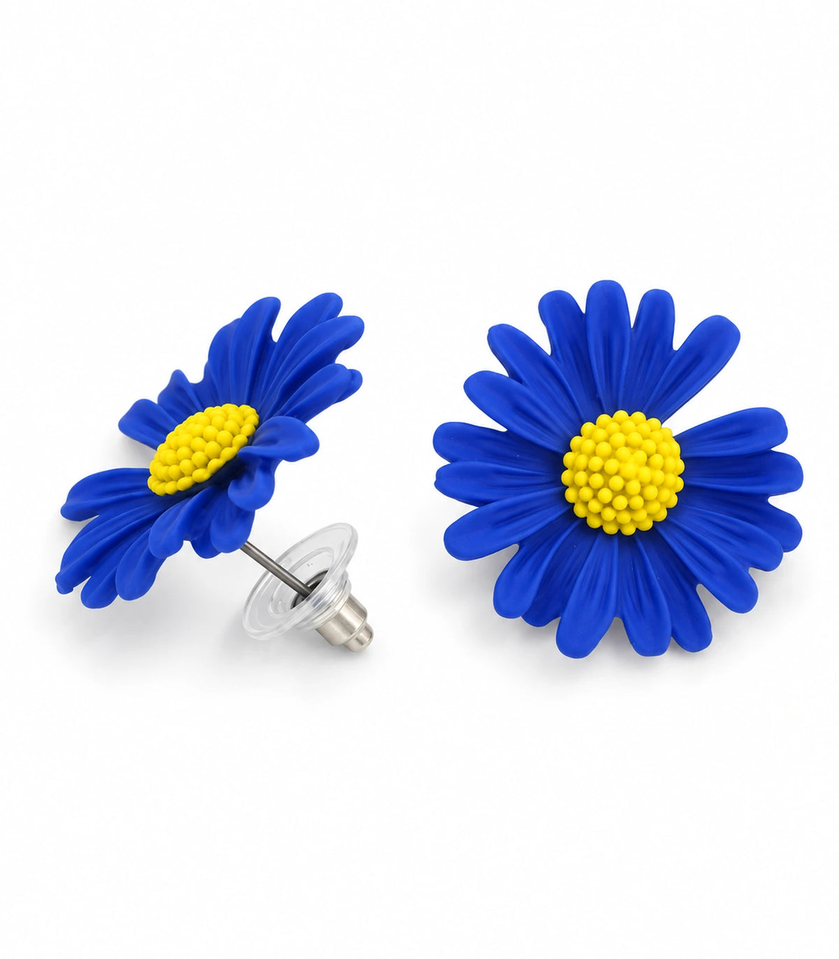 JIMIKI Royal Blue yellow centre daisy stud earrings, matching pair on a white background #color_royal blue