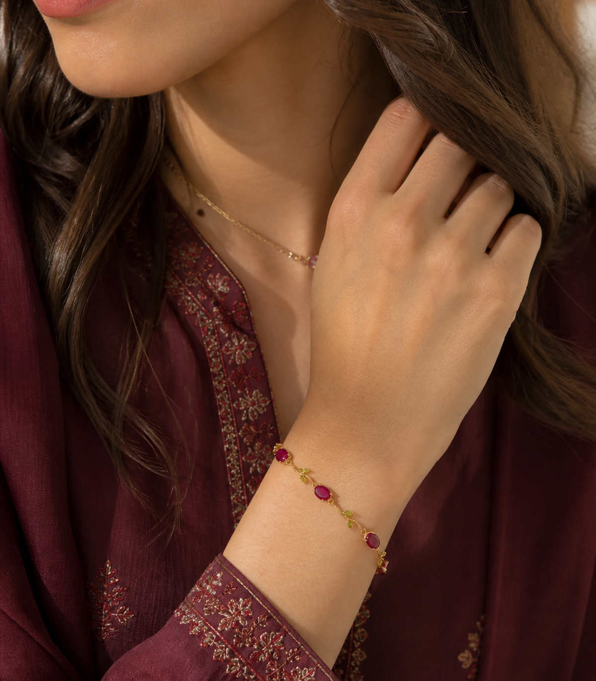 Ruby Red & Green Leaf Vine Bracelet styled on a model