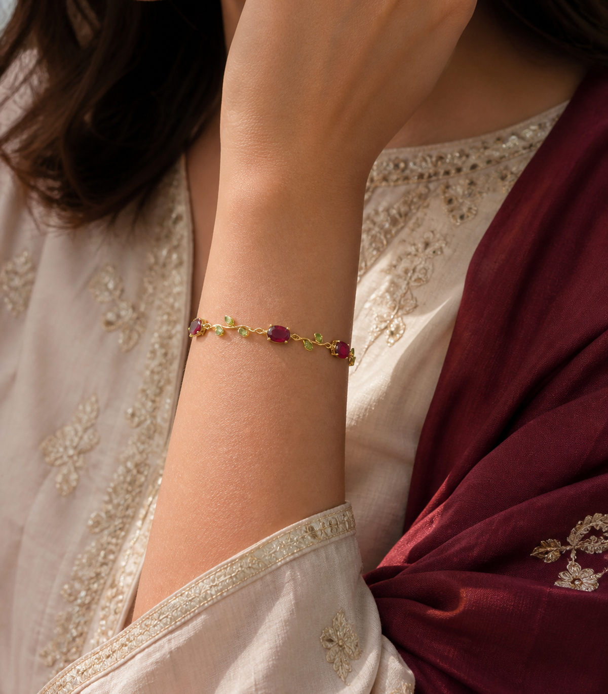 Ruby Red & Green Leaf Vine Bracelet worn by model