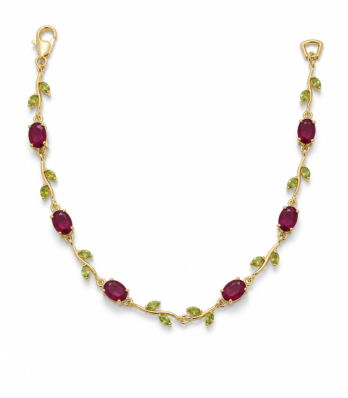 Ruby Red & Green Leaf Vine Bracelet on white background