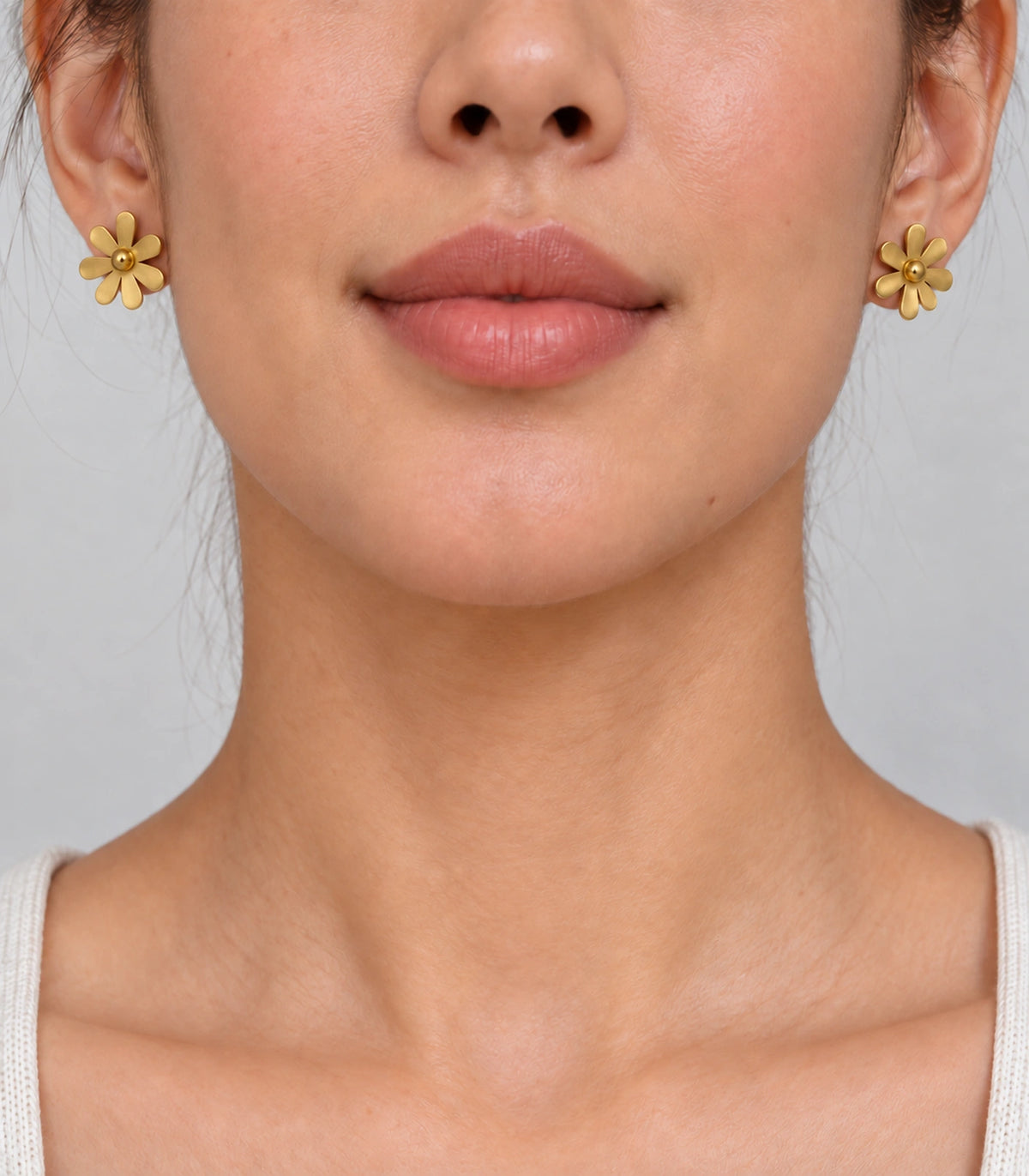 JIMIKI Satin Gold Seven-Petal Daisy Stud Earrings, pair worn on both ears with seven petals per flower #color_satin gold