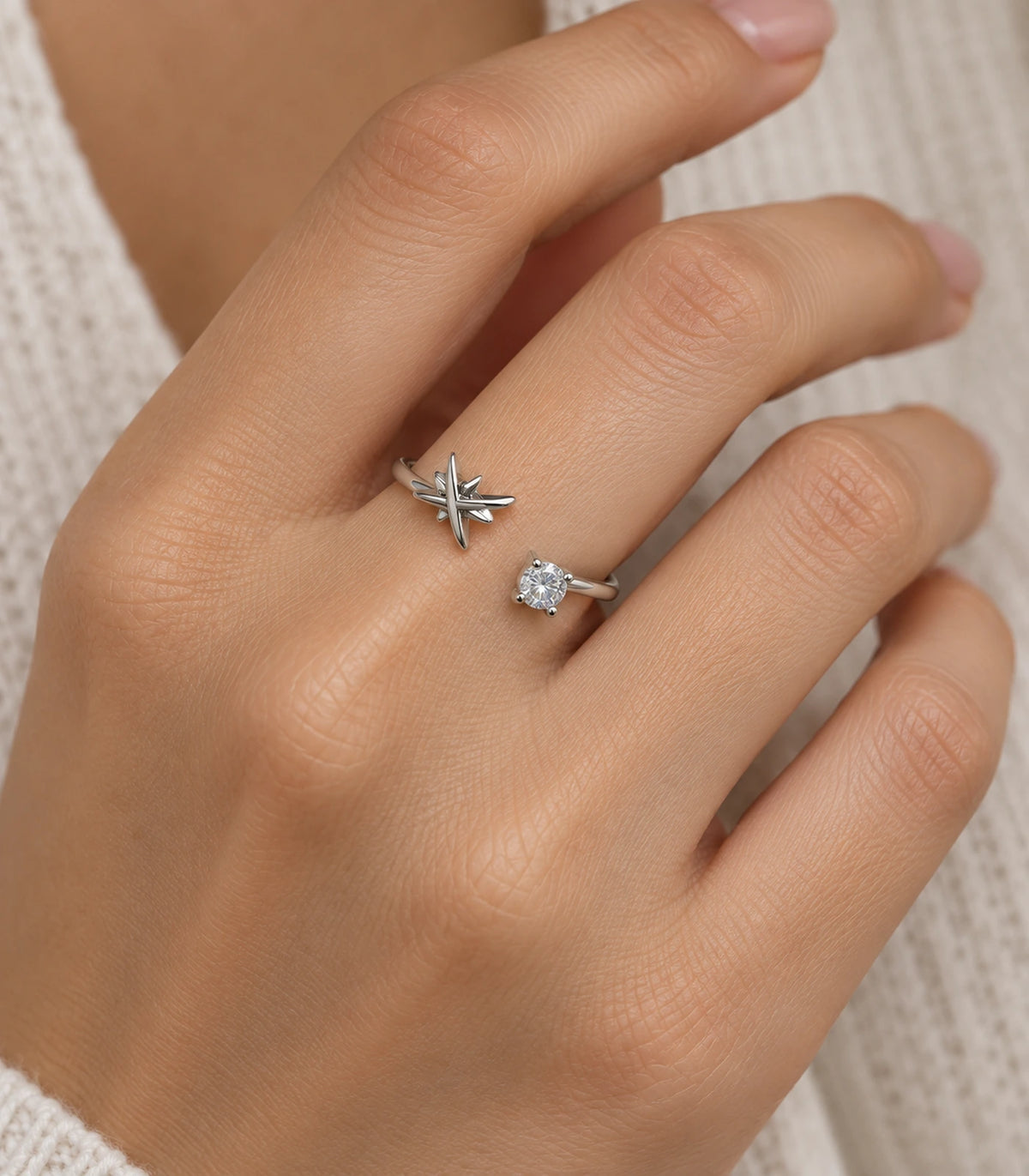 JIMIKI Silver Airplane and Round Crystal Adjustable Ring in Silver - close-up details #color_silver