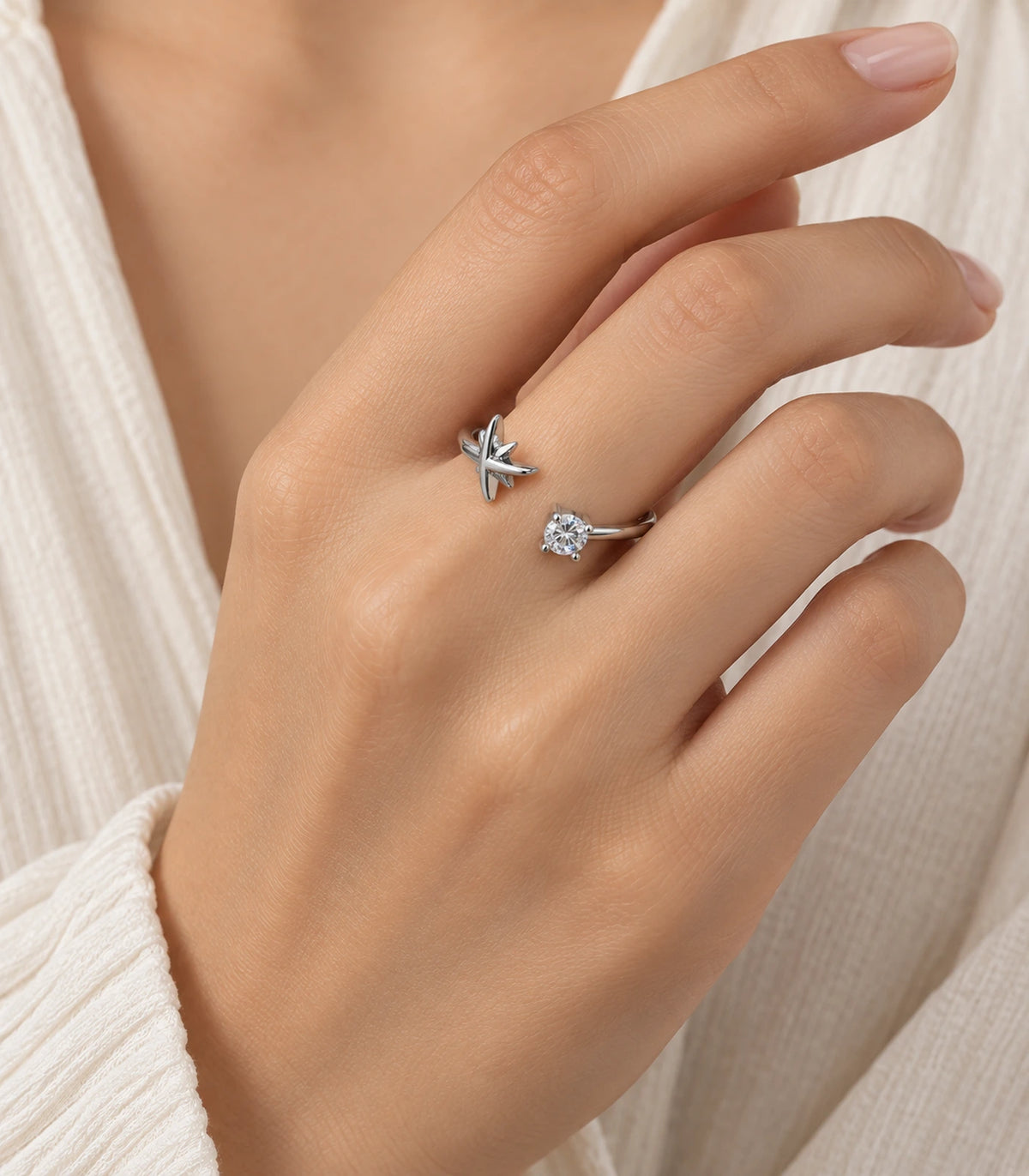 JIMIKI Silver Airplane and Round Crystal Adjustable Ring in Silver - worn styling view #color_silver