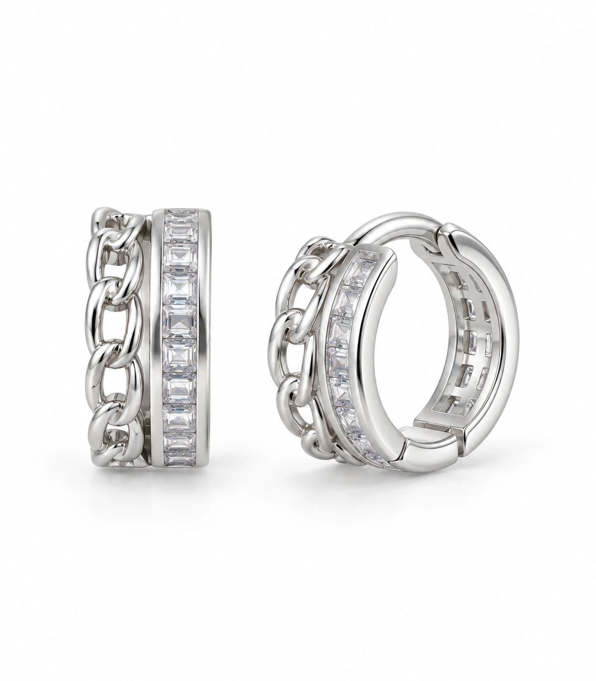 JIMIKI silver baguette chain double row huggie earrings, matching pair on white background #color_silver