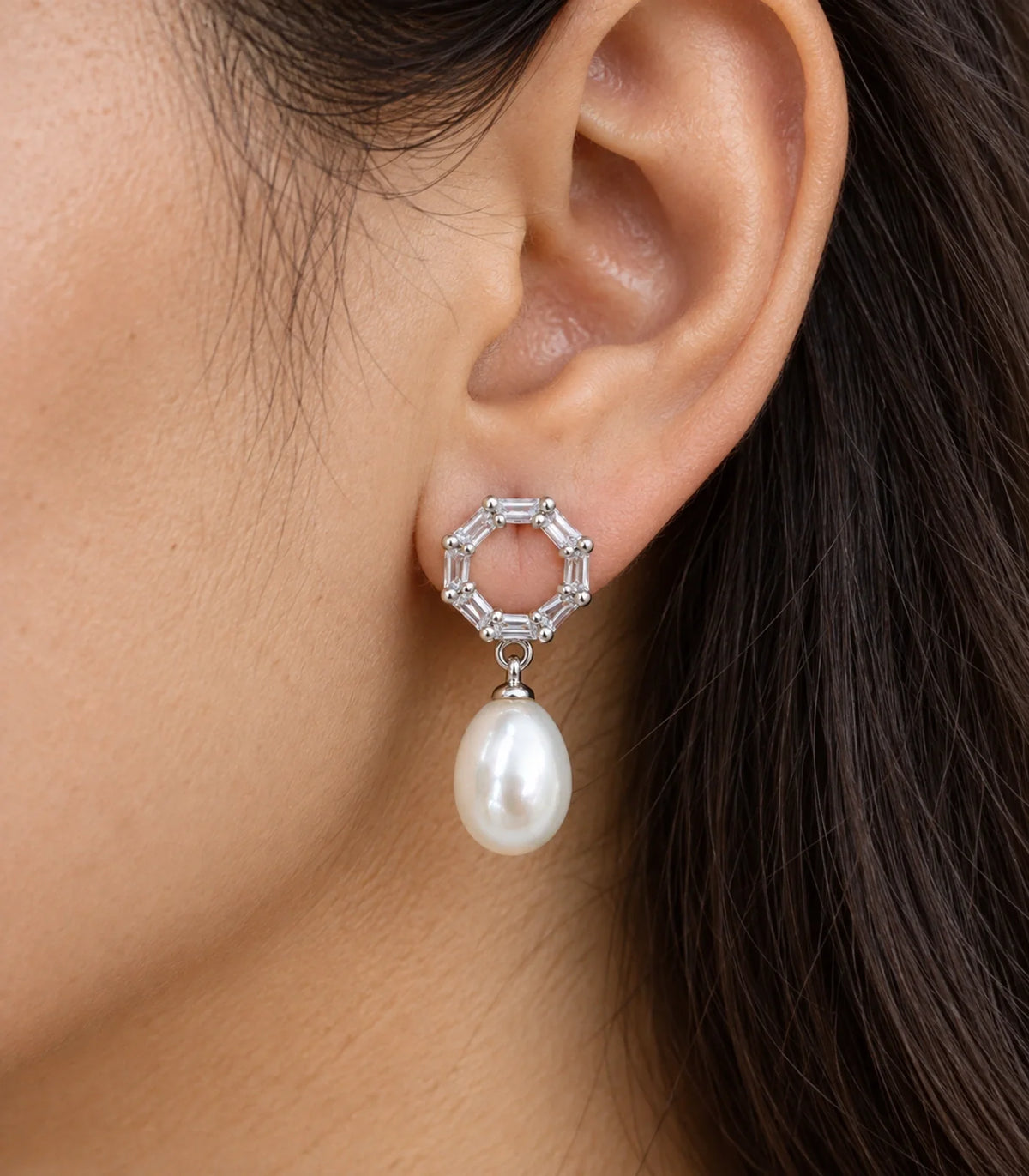JIMIKI Silver Baguette Halo Pearl Drop Earrings, worn closeup detail #color_silver