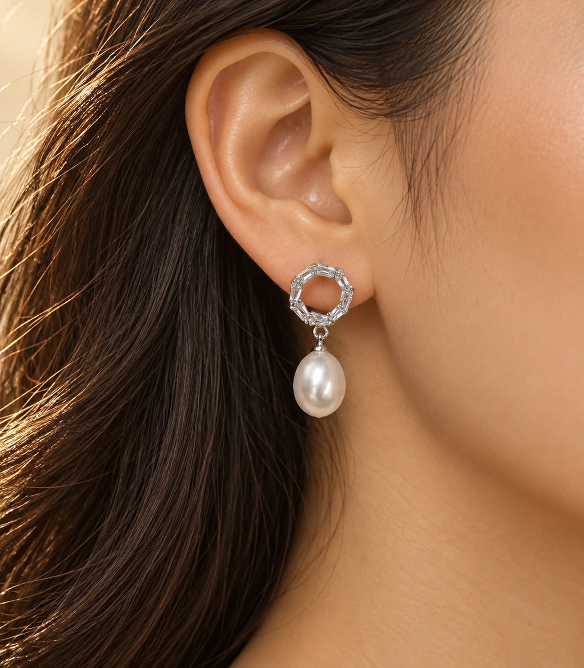 JIMIKI Silver Baguette Halo Pearl Drop Earrings, editorial worn view #color_silver