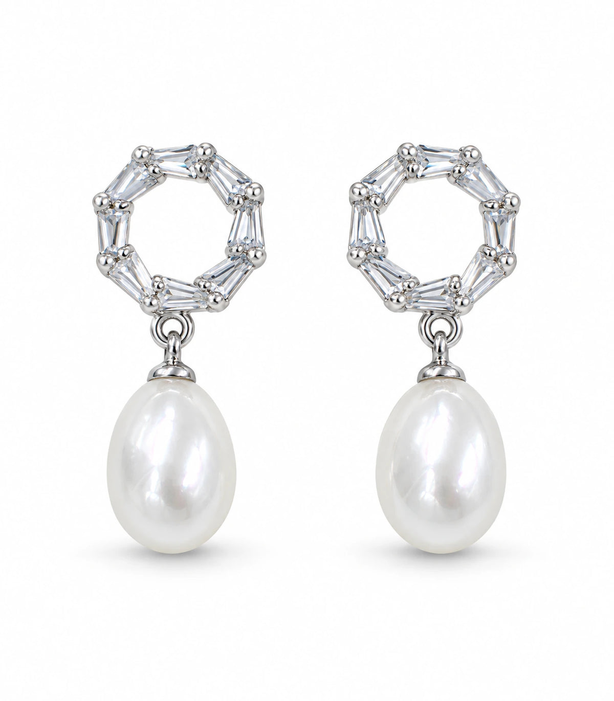 JIMIKI Silver Baguette Halo Pearl Drop Earrings, matching pair on white background #color_silver