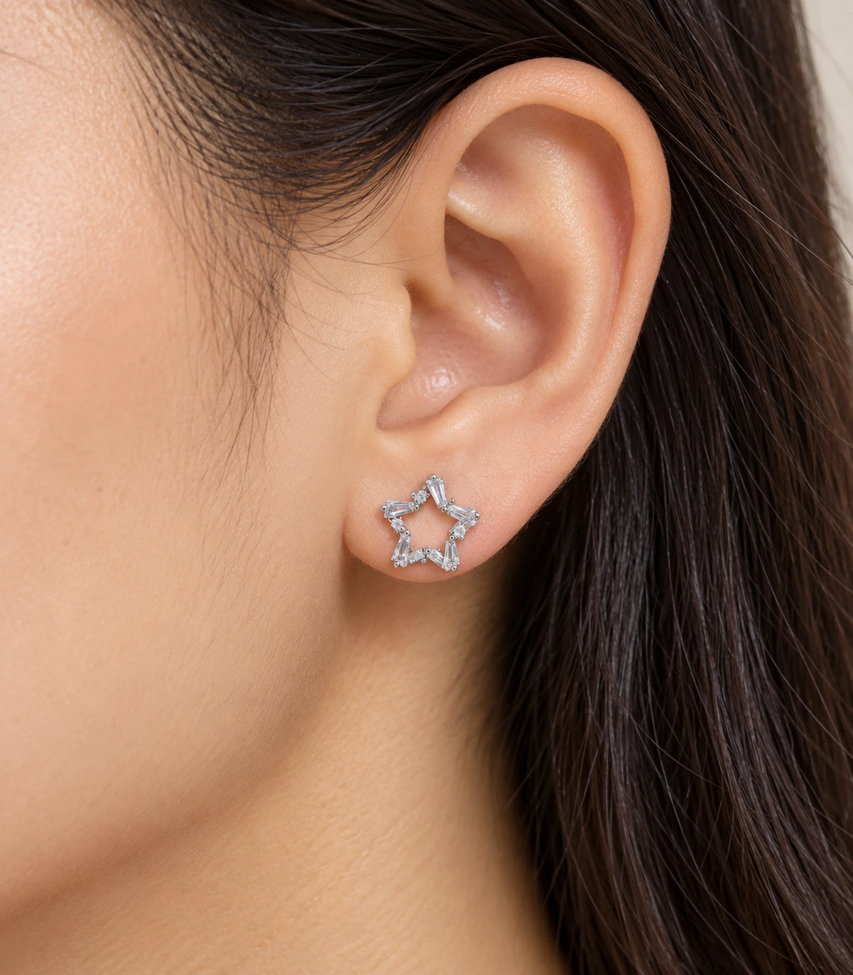 Silver Baguette Open Star Stud Earrings model styling view