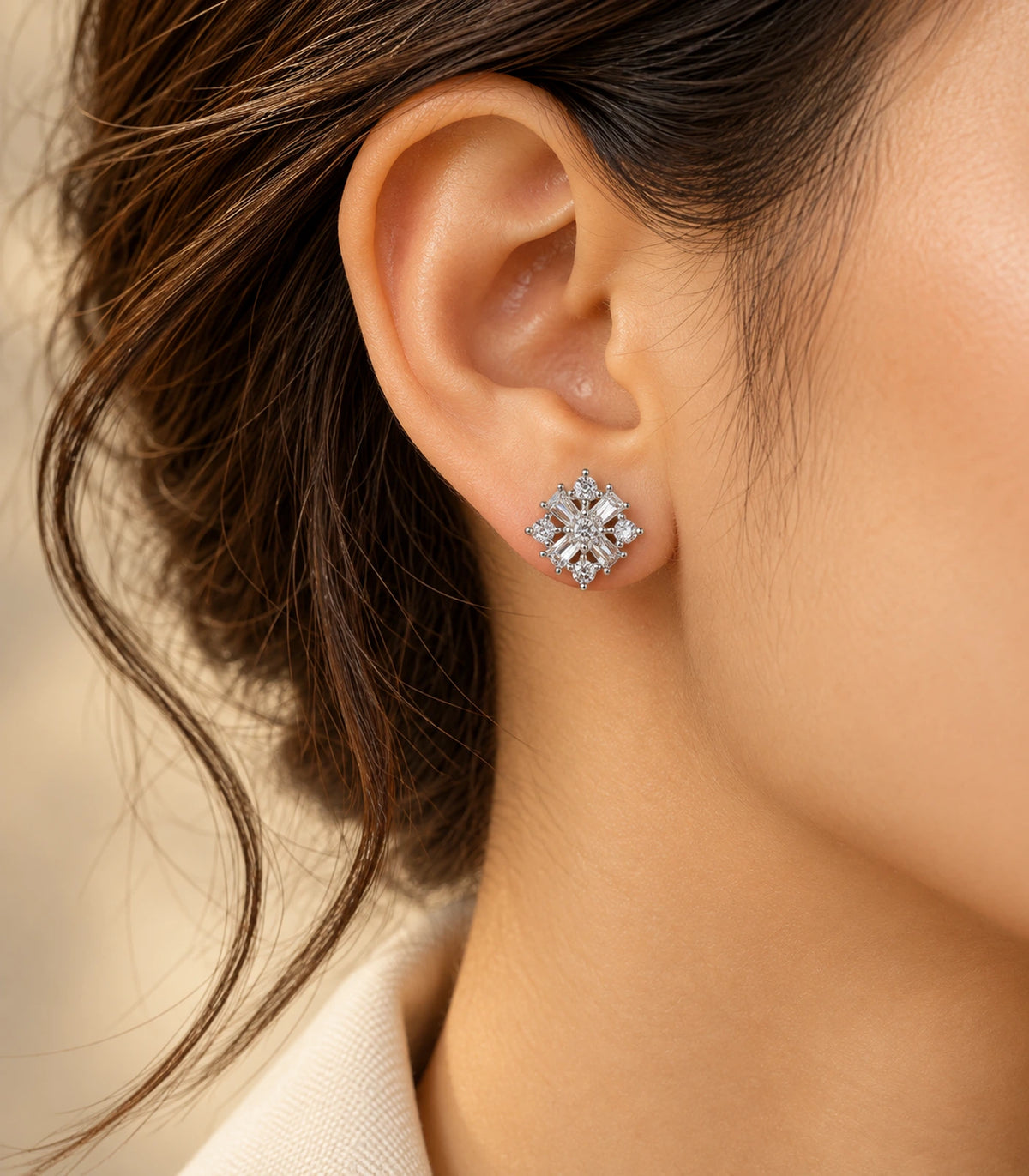 JIMIKI Silver Baguette and Round Cluster Stud Earrings — editorial worn styling #color_silver