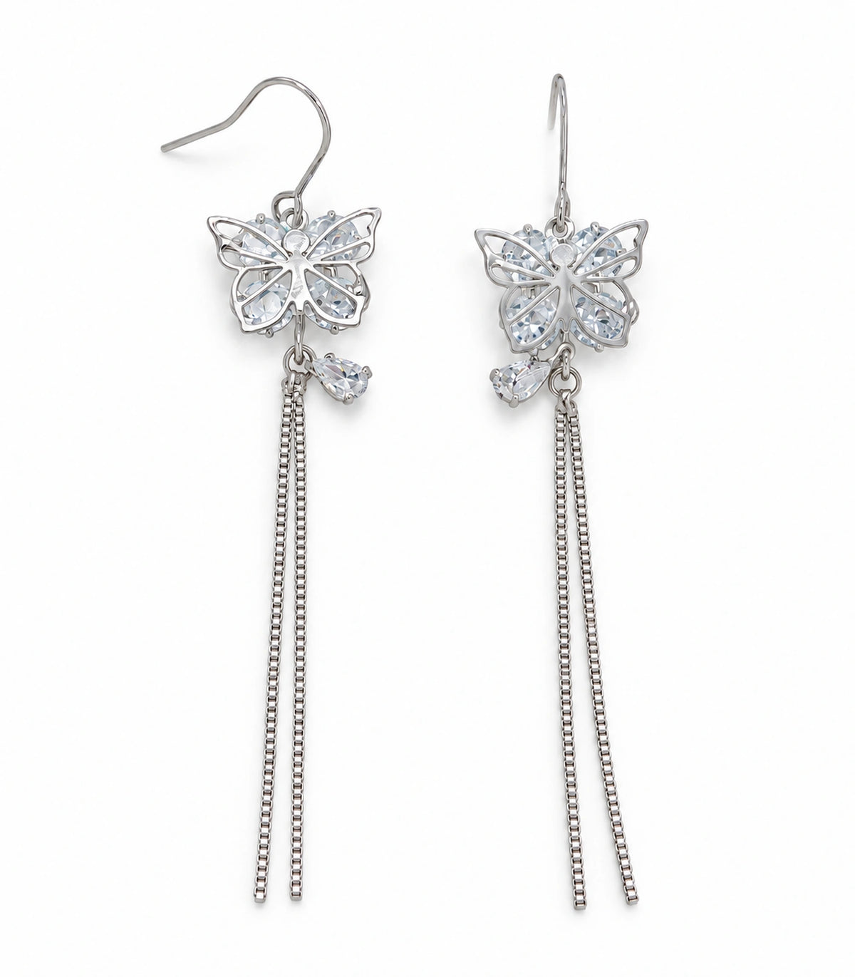 JIMIKI Silver Butterfly Crystal Chain Drop Earrings in Silver Tone, white background product view