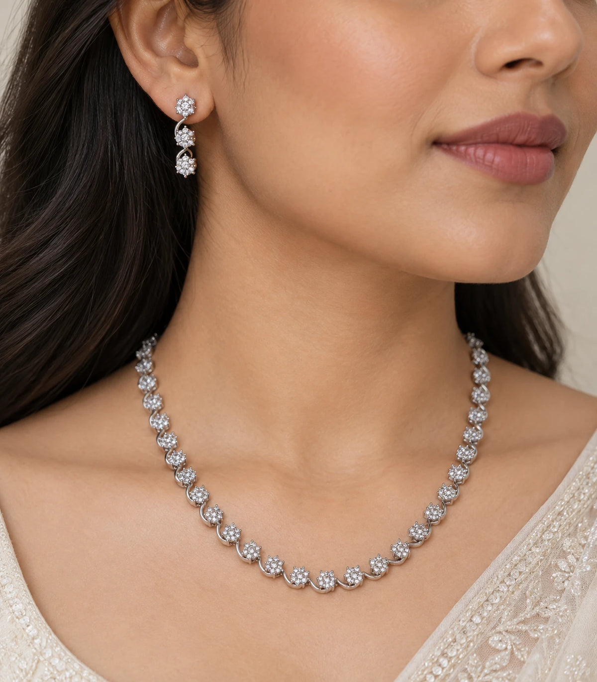 Close worn detail of Silver Clear Round Crystal Necklace Set