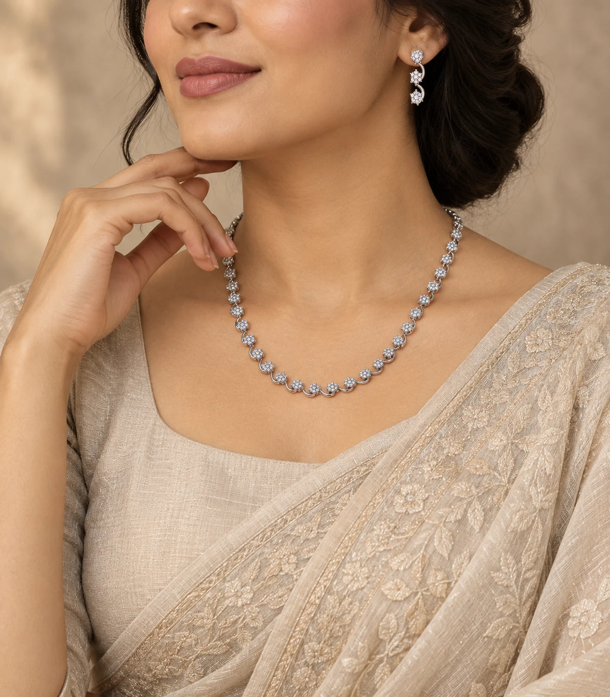 Silver Clear Round Crystal Necklace Set in an editorial worn view