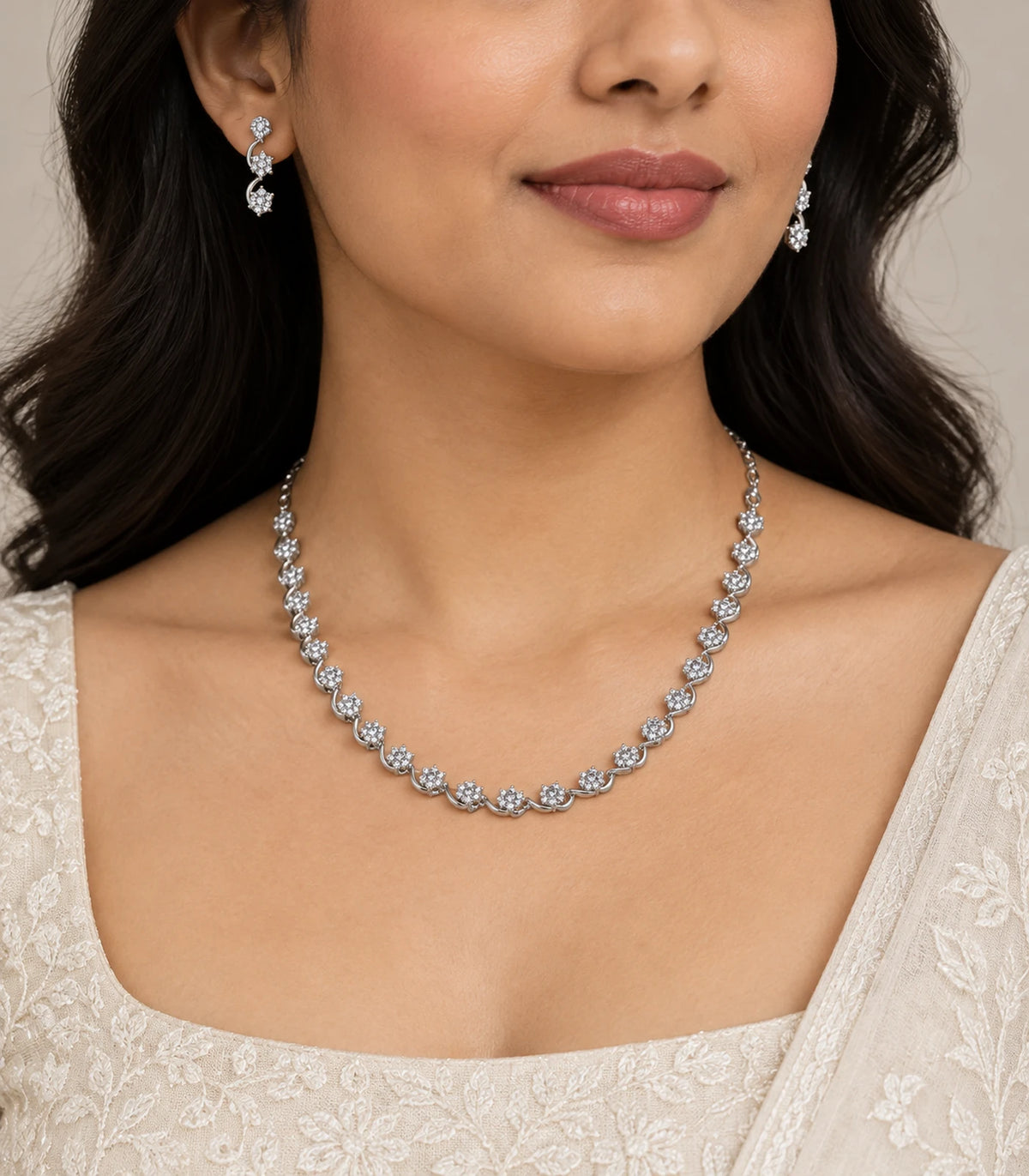 Silver Clear Round Crystal Necklace Set worn with an ivory outfit