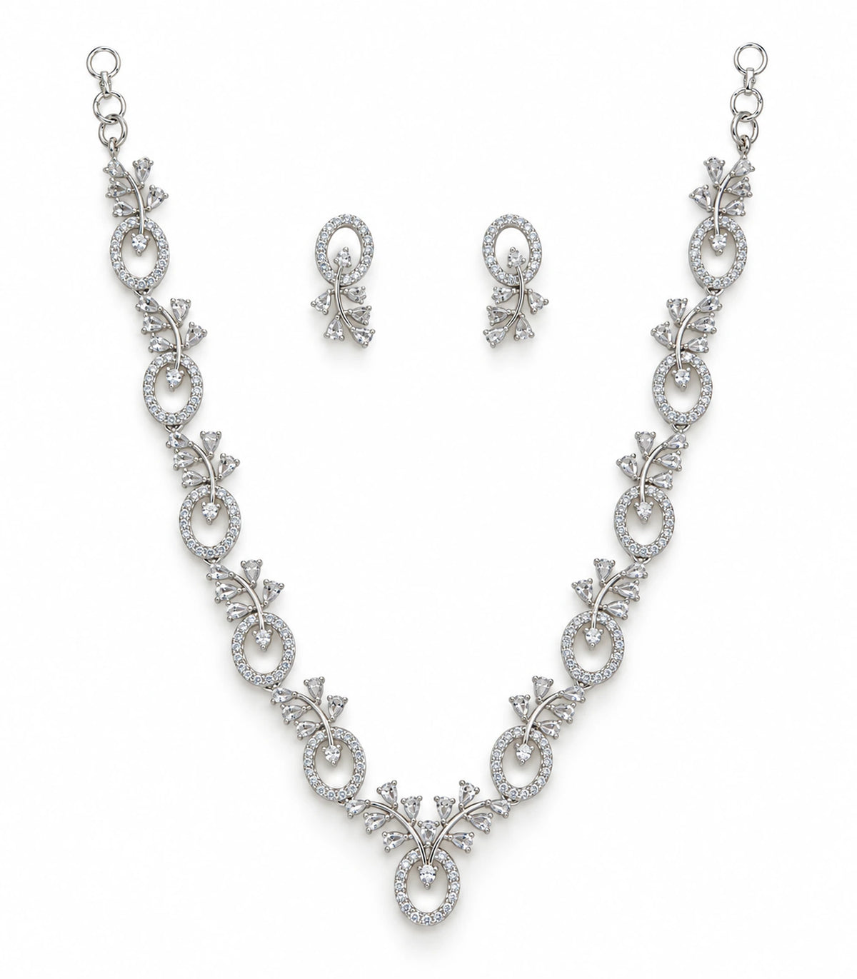 Silver Clear Floral Drop Crystal Necklace Set with necklace and matching earrings on white background