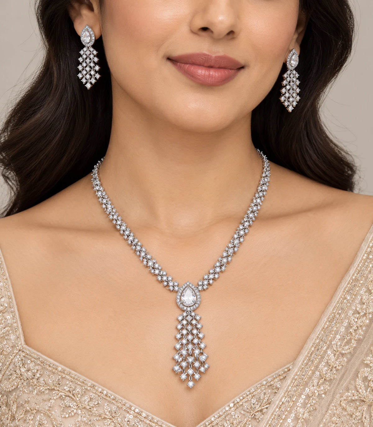 Silver Clear Lattice Drop Crystal Necklace Set worn with matching drop earrings