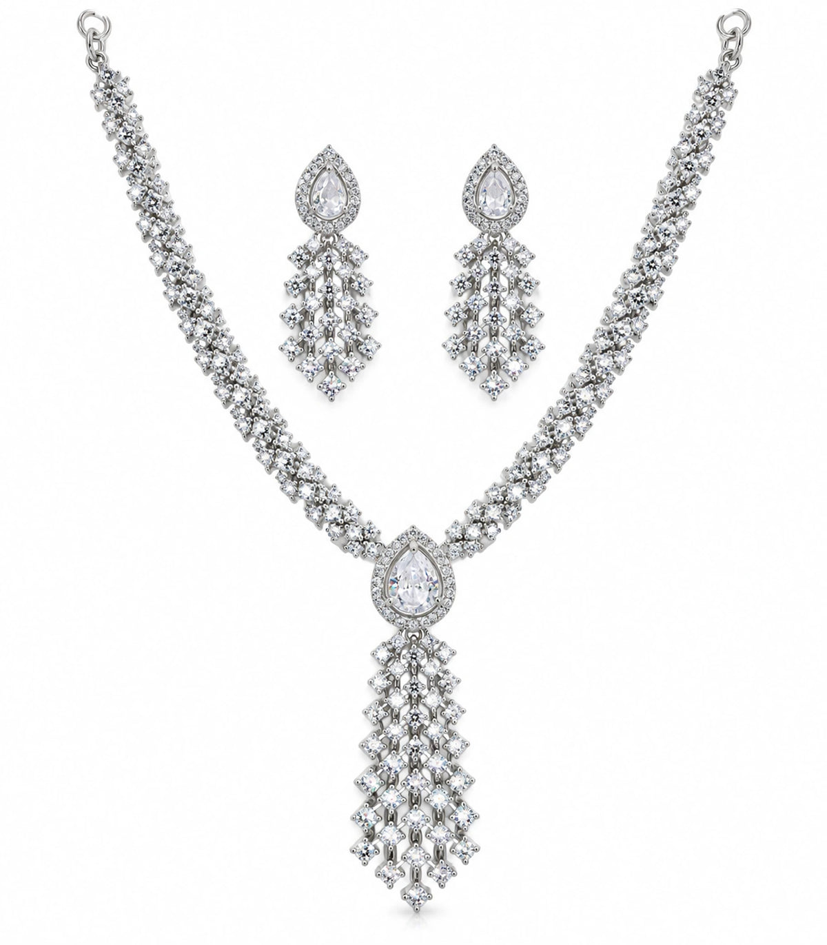 Silver Clear Lattice Drop Crystal Necklace Set — necklace and matching earring pair on white background