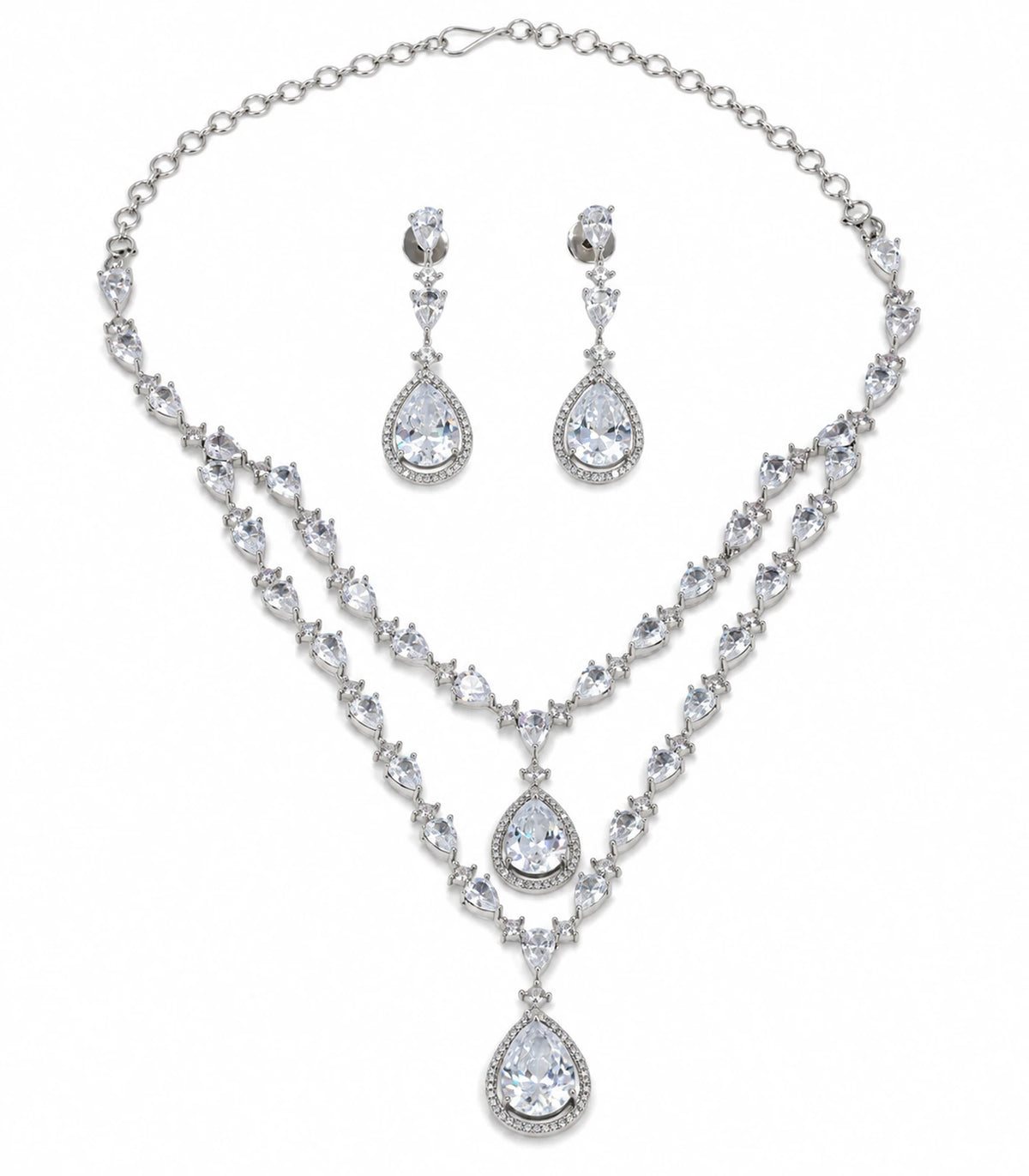 Silver-tone layered necklace with two clear halo teardrop pendants and matching pair of earrings on white background