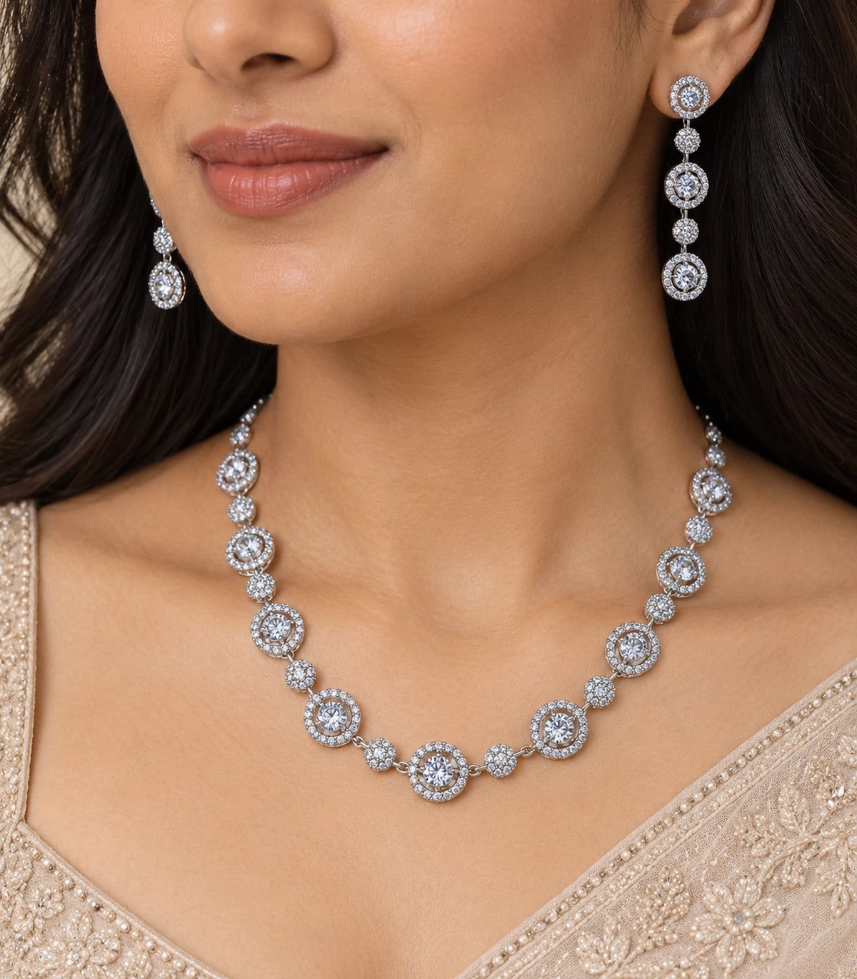 Silver Clear Round Crystal Necklace Set in a close worn view