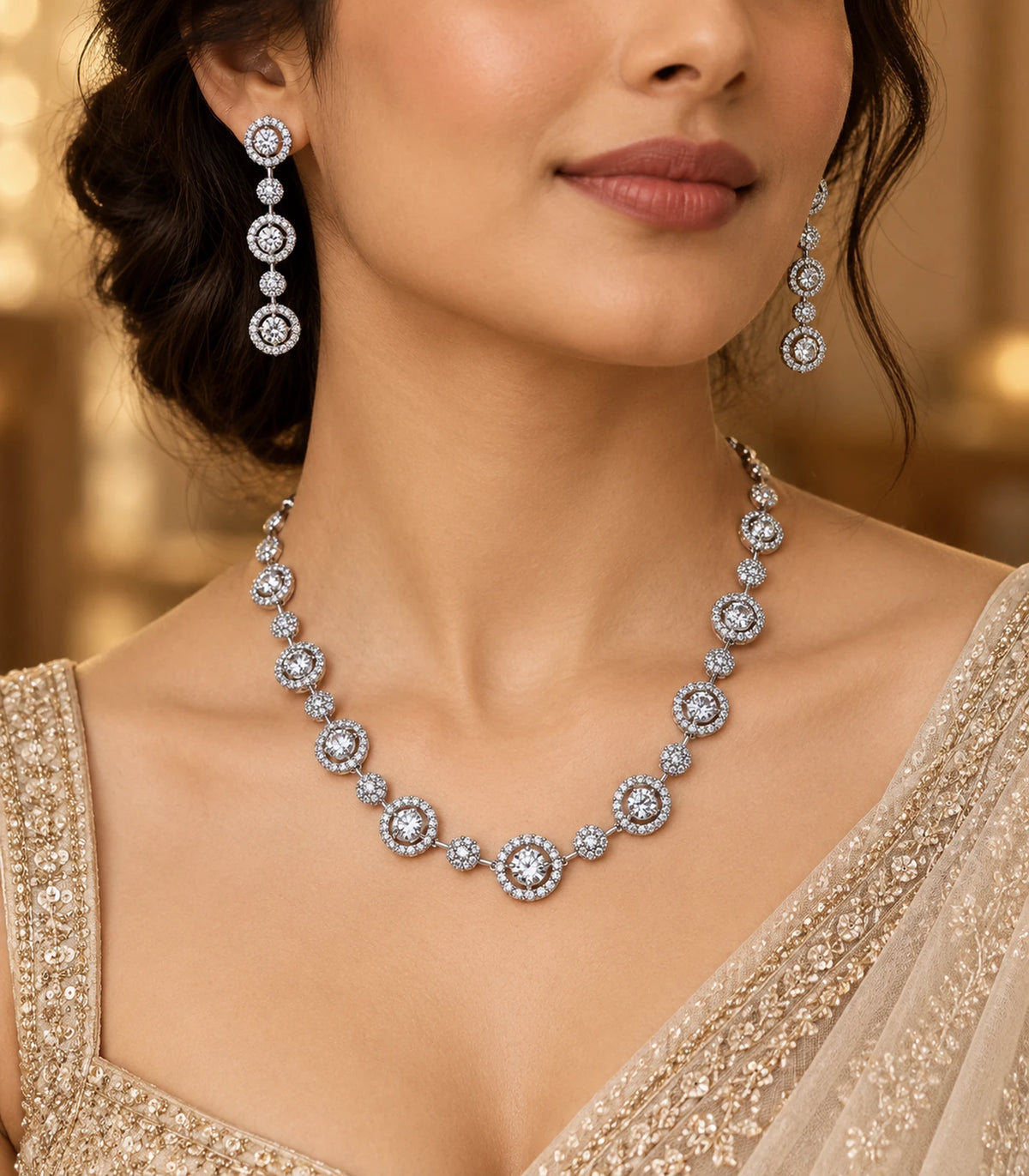 Silver Clear Round Crystal Necklace Set worn with a gold-tone outfit