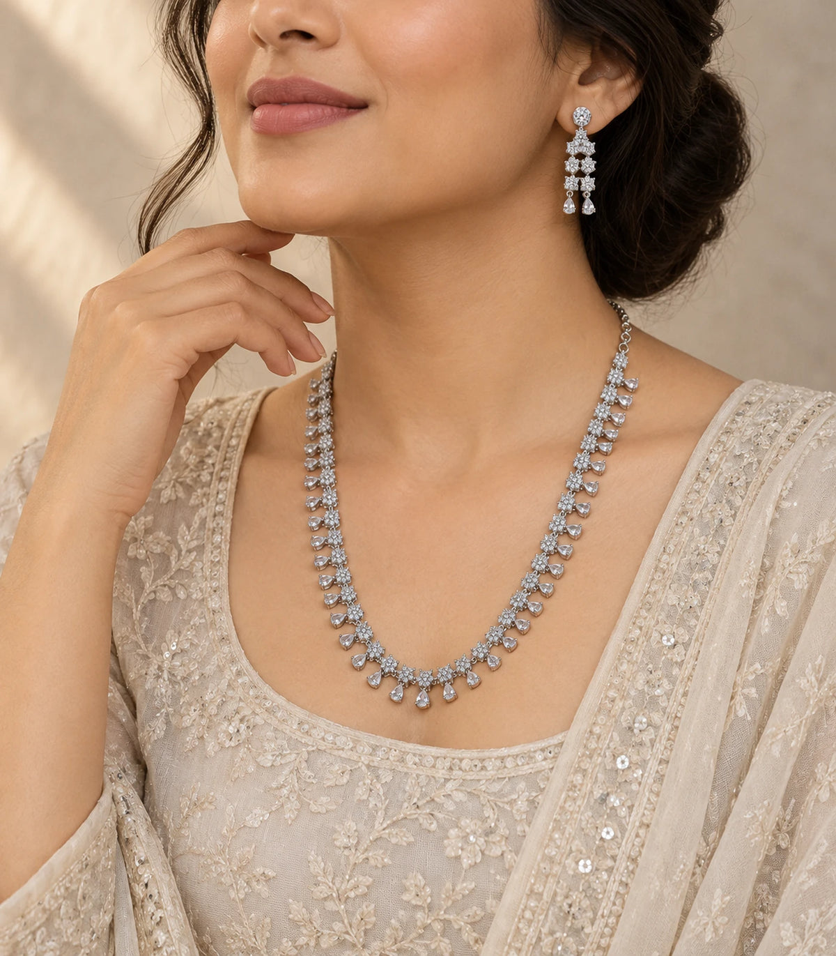 Silver Clear Teardrop Crystal Necklace Set worn in an editorial pose