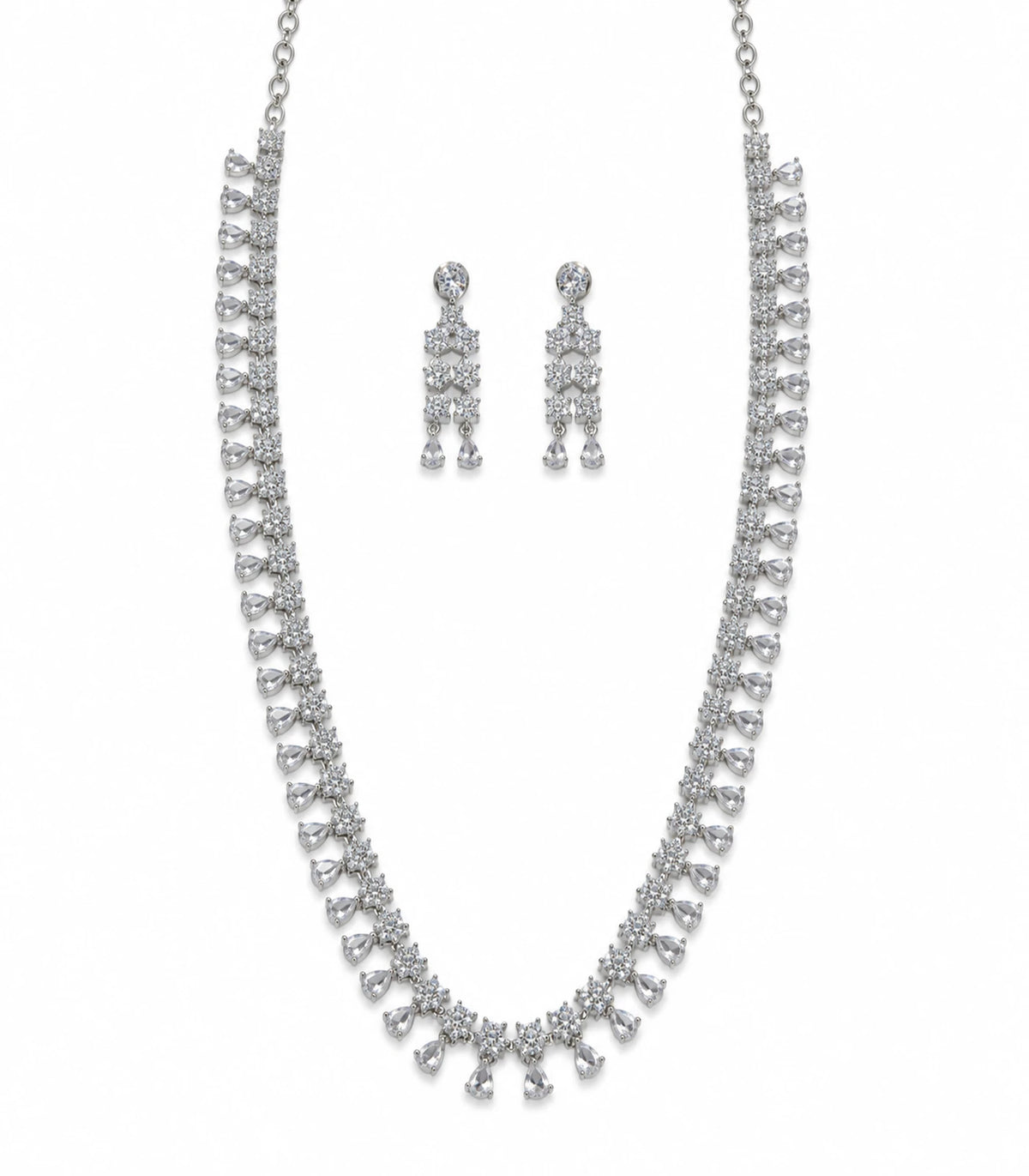 Silver Clear Teardrop Crystal Necklace Set with matching pair of earrings on white