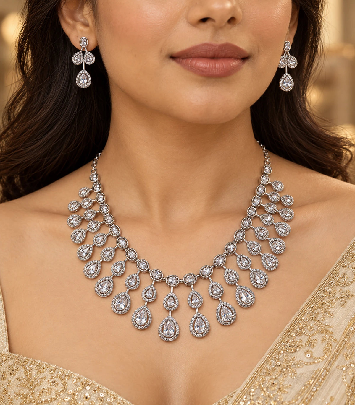 Silver Clear Teardrop Fringe Crystal Necklace Set — editorial styling of the necklace and matching earrings