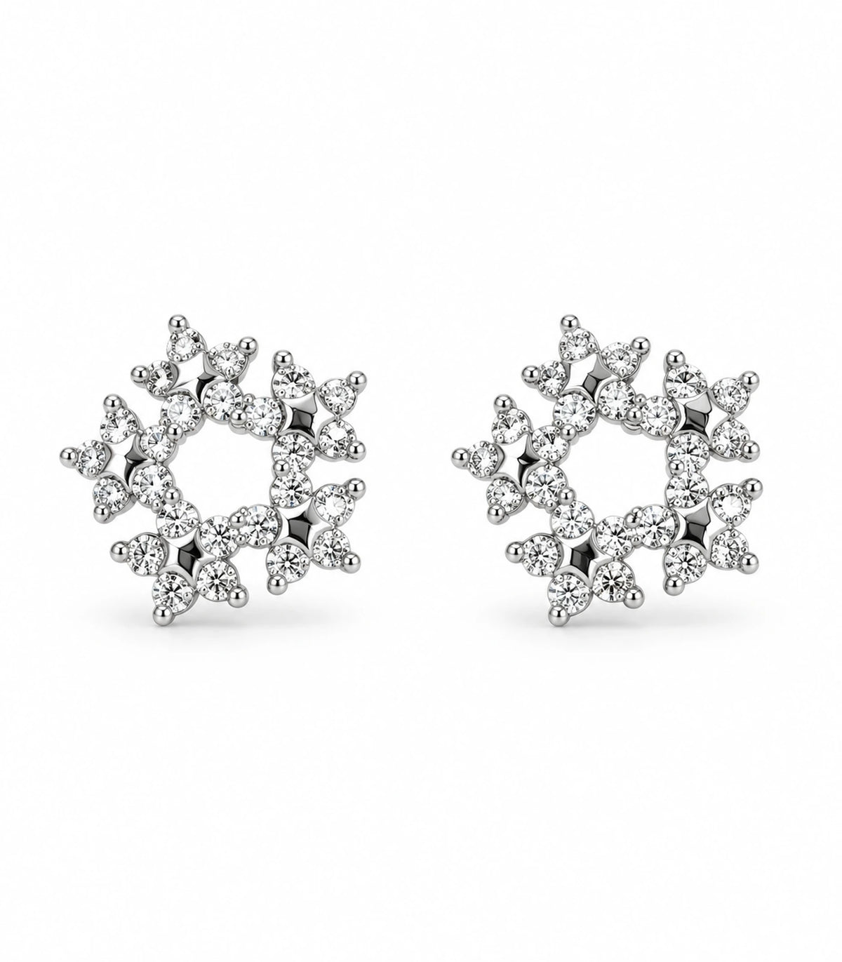 Matching pair of silver-tone butterfly wreath stud earrings with clear crystal-style accents on a white background