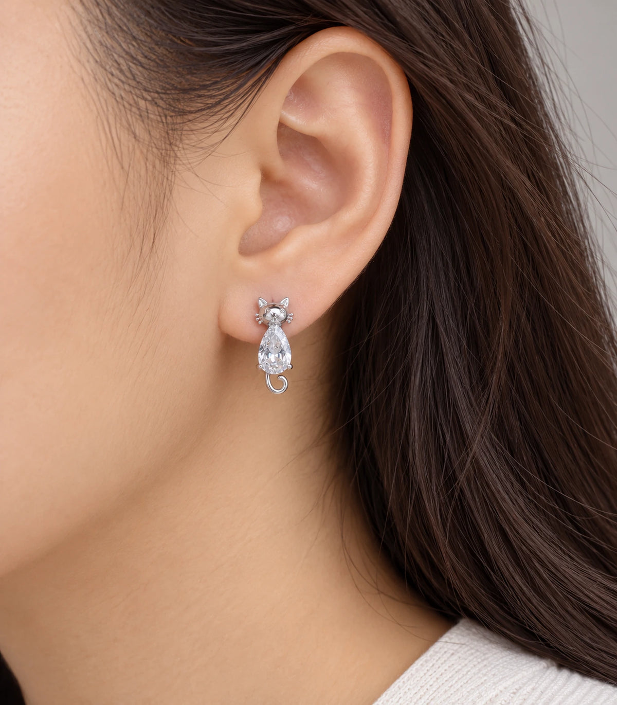 JIMIKI Silver Crystal Cat Drop Earrings - model #color_silver