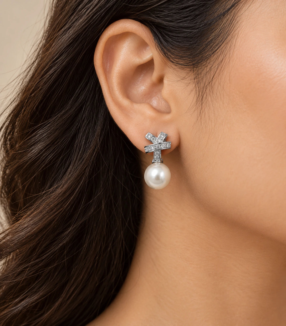 JIMIKI Silver Crystal Knot Pearl Drop Earrings - editorial-model #color_silver