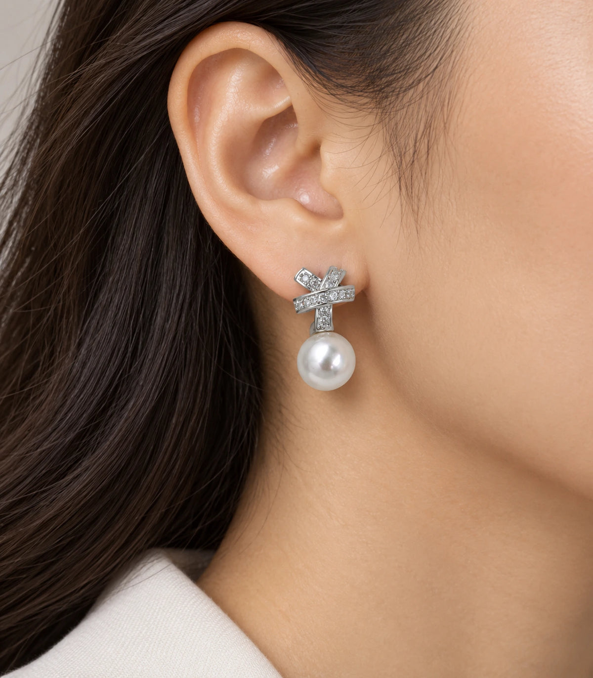 JIMIKI Silver Crystal Knot Pearl Drop Earrings - model #color_silver