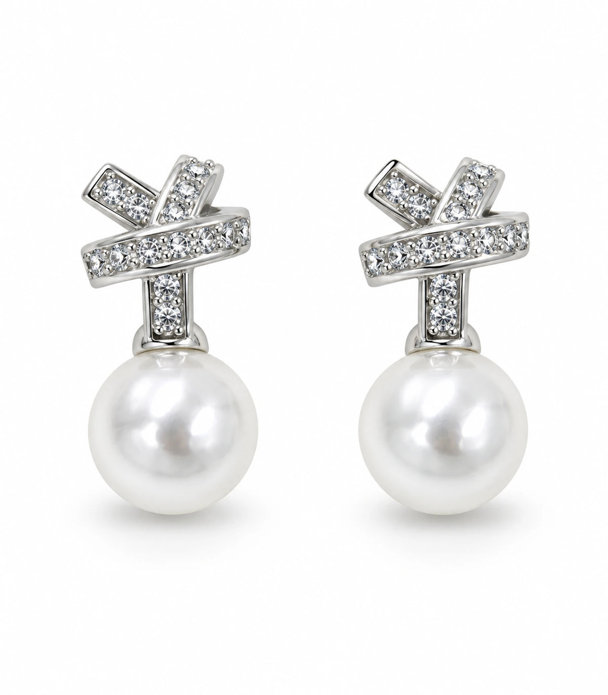 JIMIKI Silver Crystal Knot Pearl Drop Earrings - white-background #color_silver